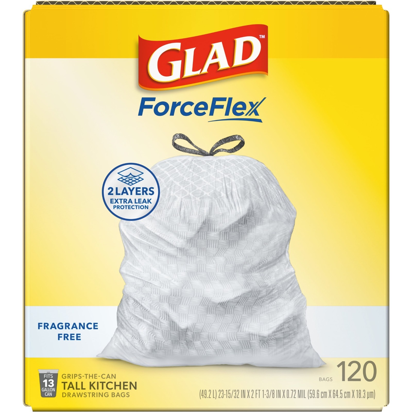 Glad ForceFlex 13 Gallon Drawstring Kitchen Trash Bags Unscented 120 Ct