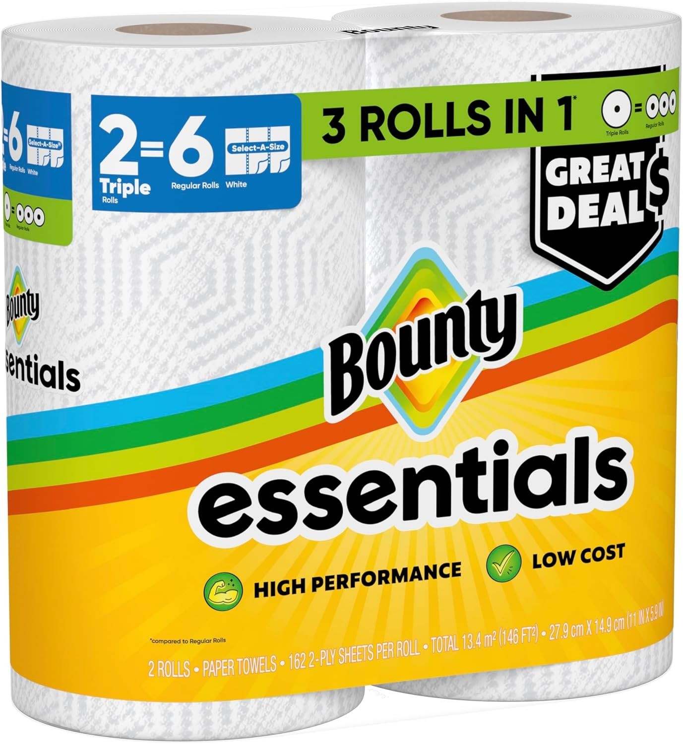 Bounty Essentials Select-A-Size Paper Towels, White, 2 Triple Rolls = 6 Regular