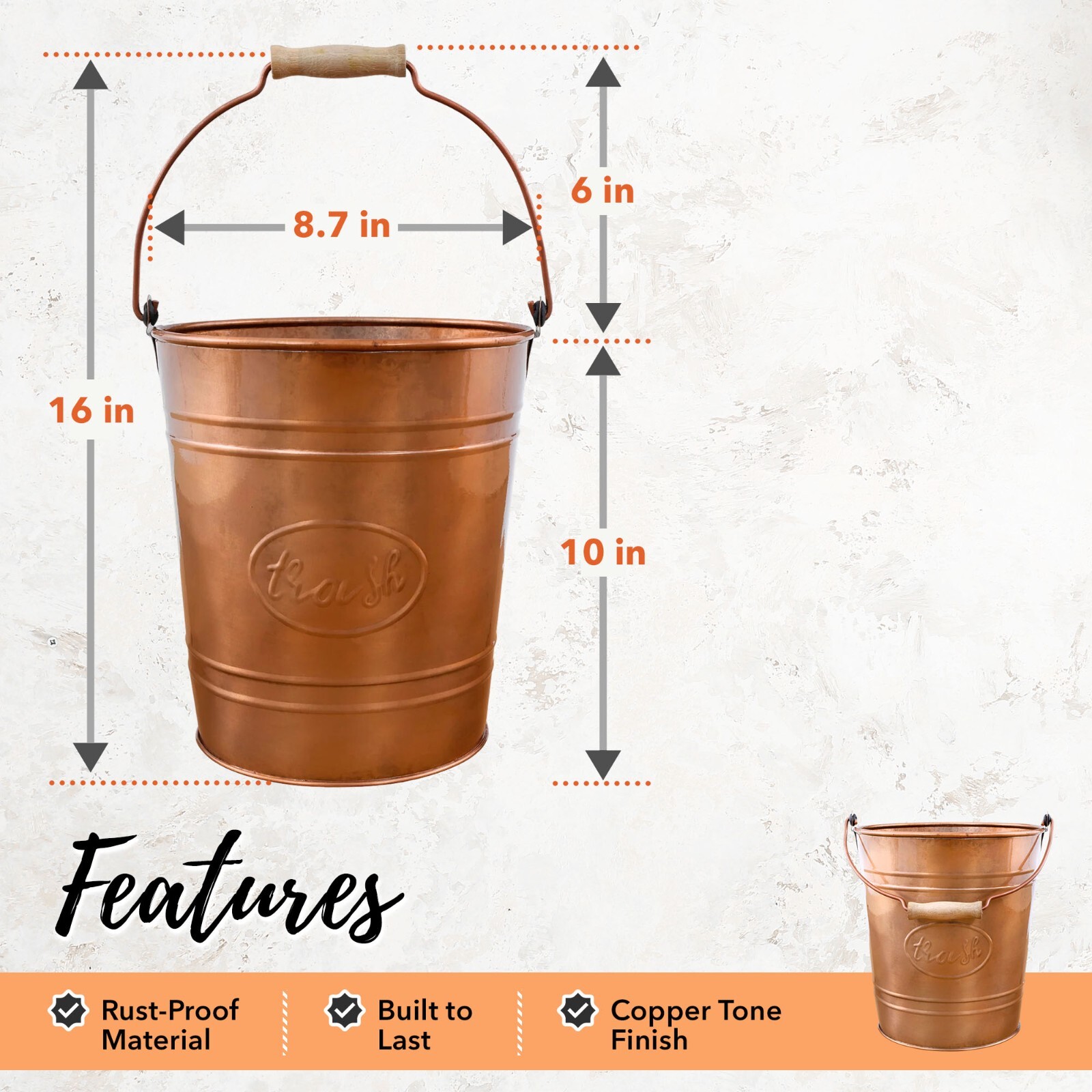 Autumn Alley Copper Tone Metal Farmhouse Trash Can | 7L, 2 Gallon Trash Can