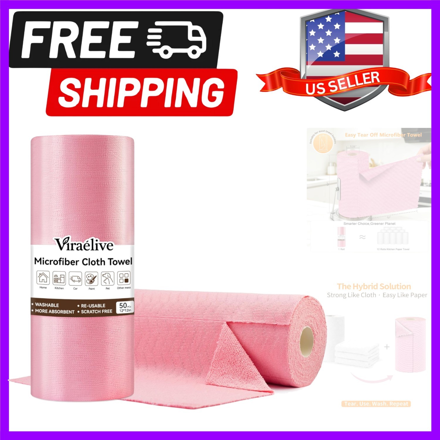 Microfiber Cleaning Cloth Roll, 50 Tear-Away Sheets, Reusable & Washable, Lin…