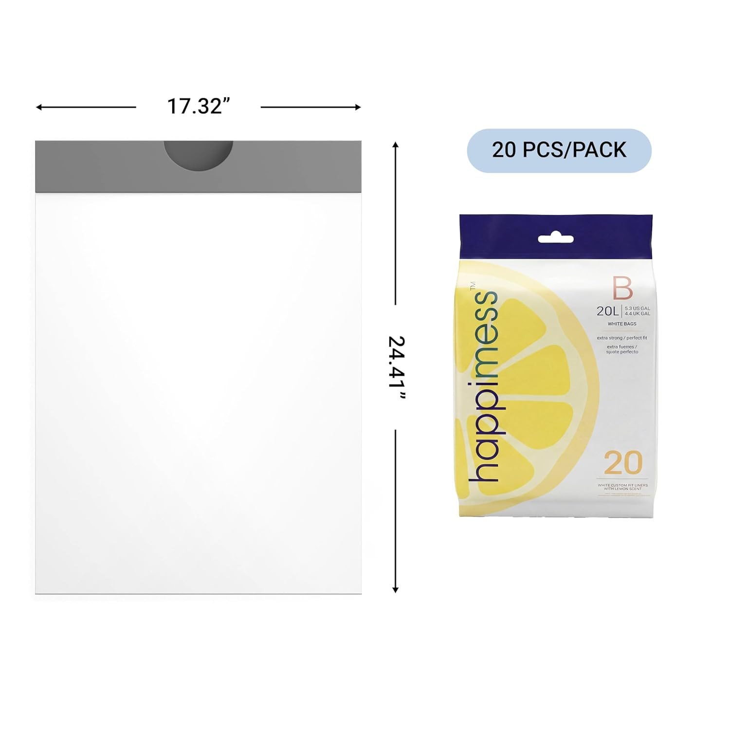 5.3 Gallon (20L) Drawstring Trash Bags, Lemon Scent, White, Heavy Duty MDPE Line