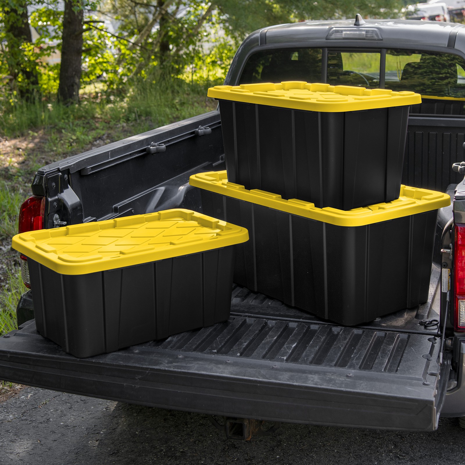 Sterilite 38 Gallon Industrial Stackable Storage Tote Lidded Containers, 4 Pack