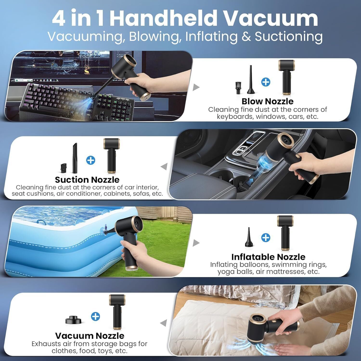 Vacuum Cleaner & Air Blower, 60W, Wireless, Portable, Handheld, 9 Accessories