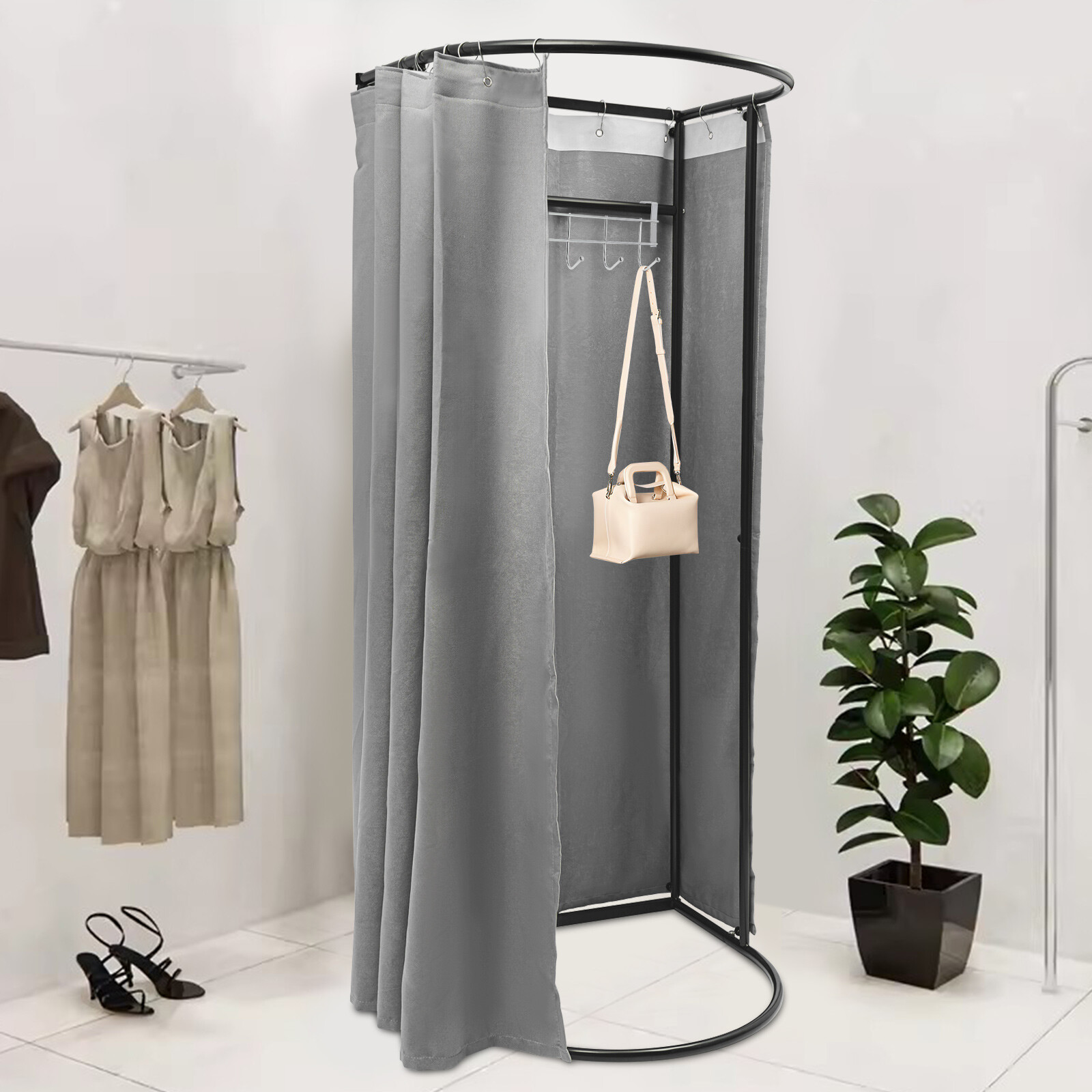 Fitting Room with Grey Shading Curtain, Portable Clothing Store Dressing Room