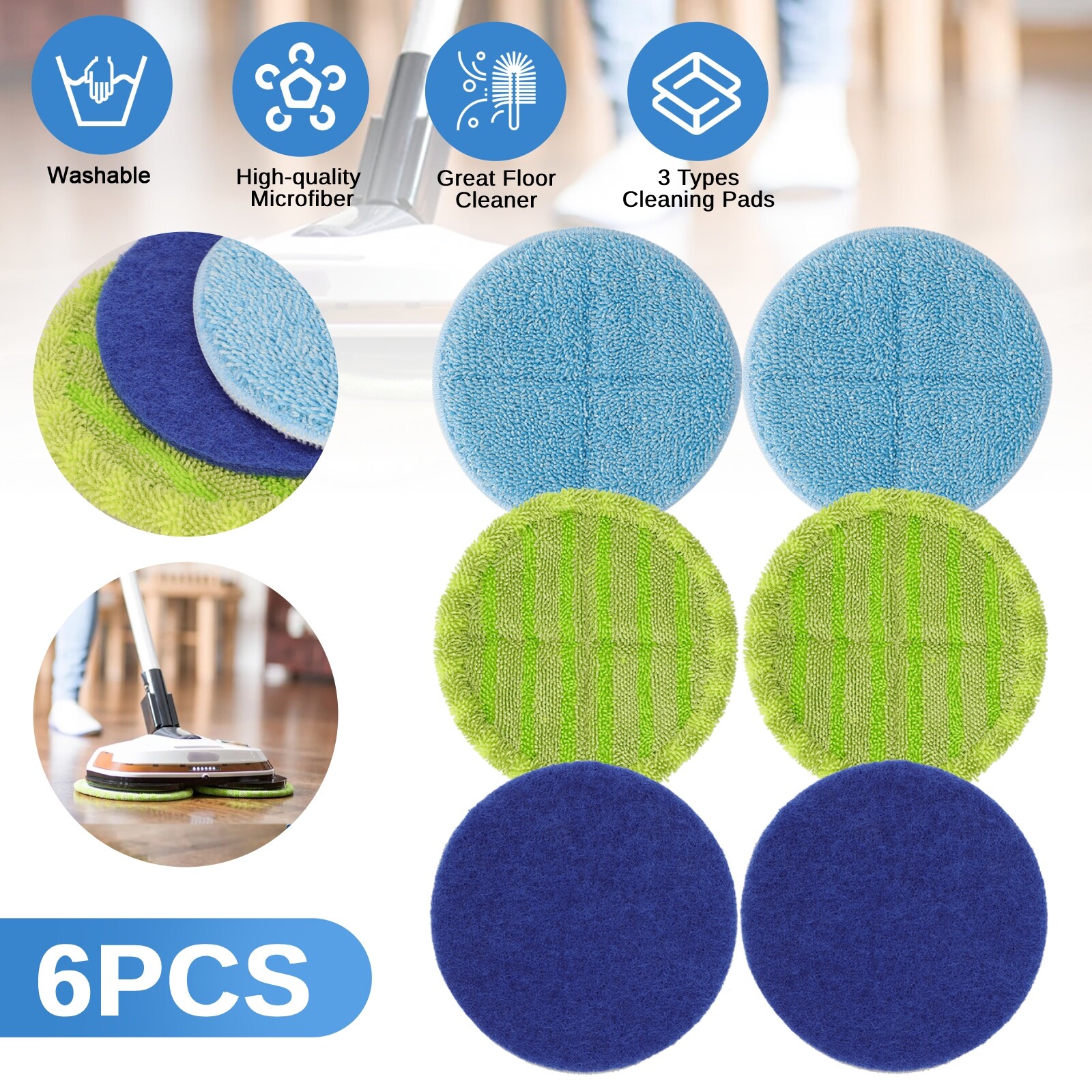 6 PCS Microfiber Mop Replacement Pads Reusable Cleaning Mat For Hardwood Floors