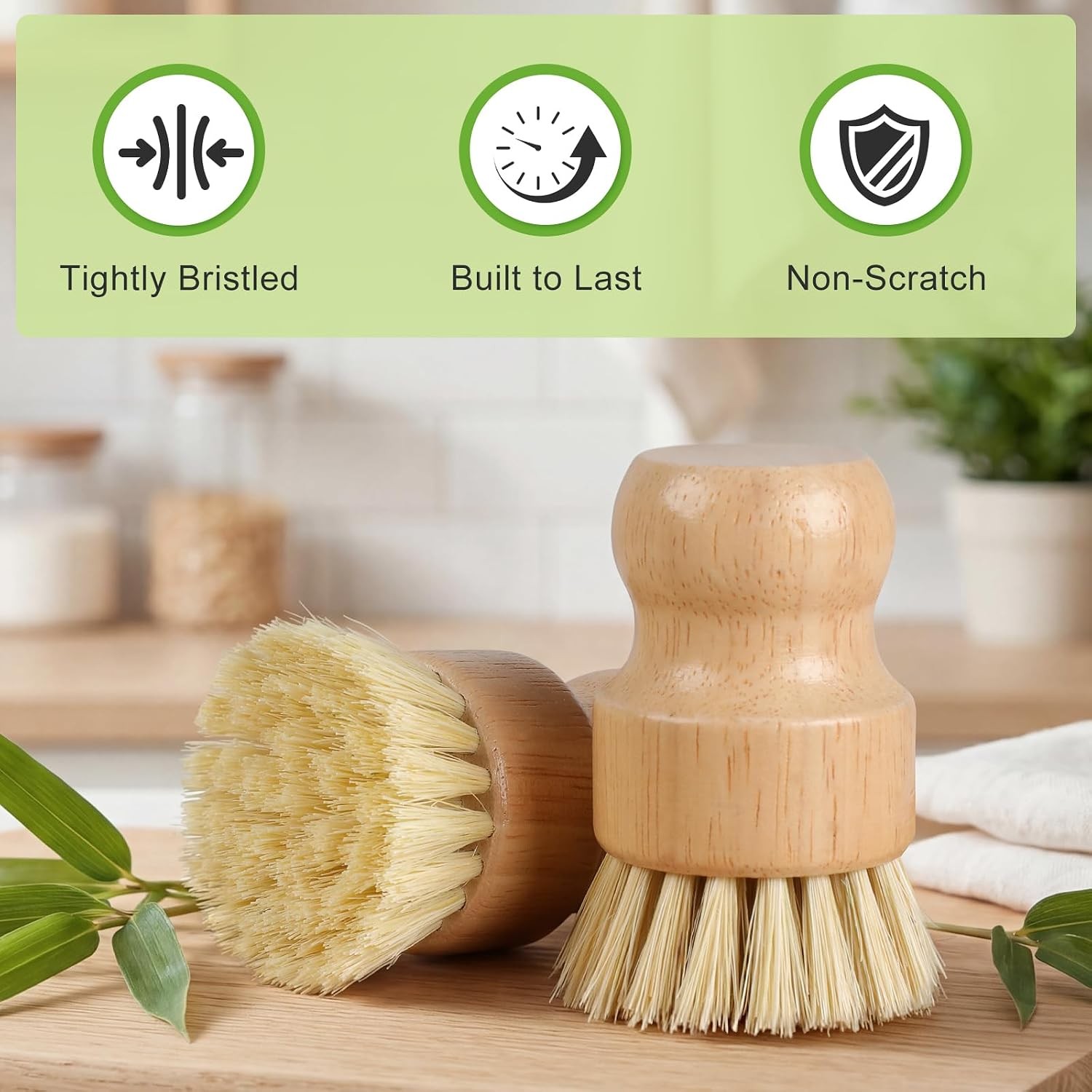 Bamboo Dish Brush, Natural Scrub Brush, 4 Pack Set | Wooden Dish Scrubber | Eco-