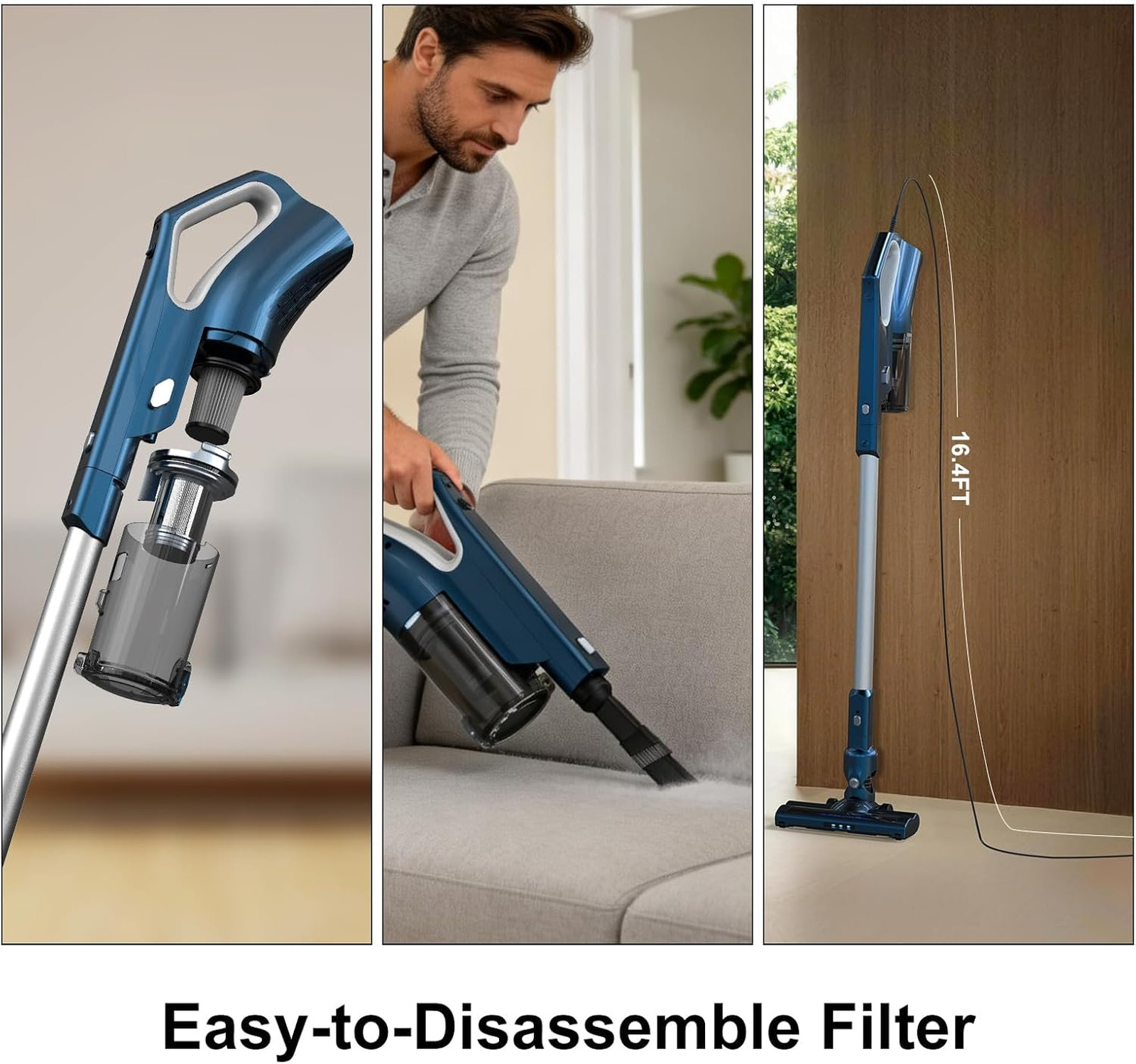 Corded Vacuum Cleaner Powerful Suction HEPA Filtration 16.5 Foot Power Cord for