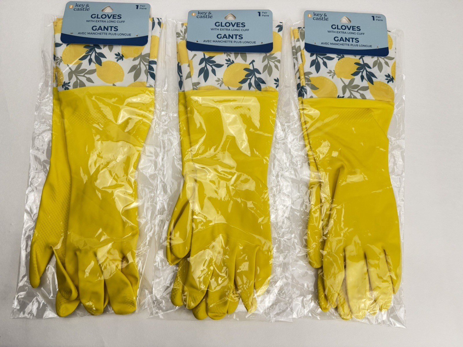 3-pk Key & Castle Extra-Long Cuff Latex Gloves One Size Lemons Dishwashing Clean