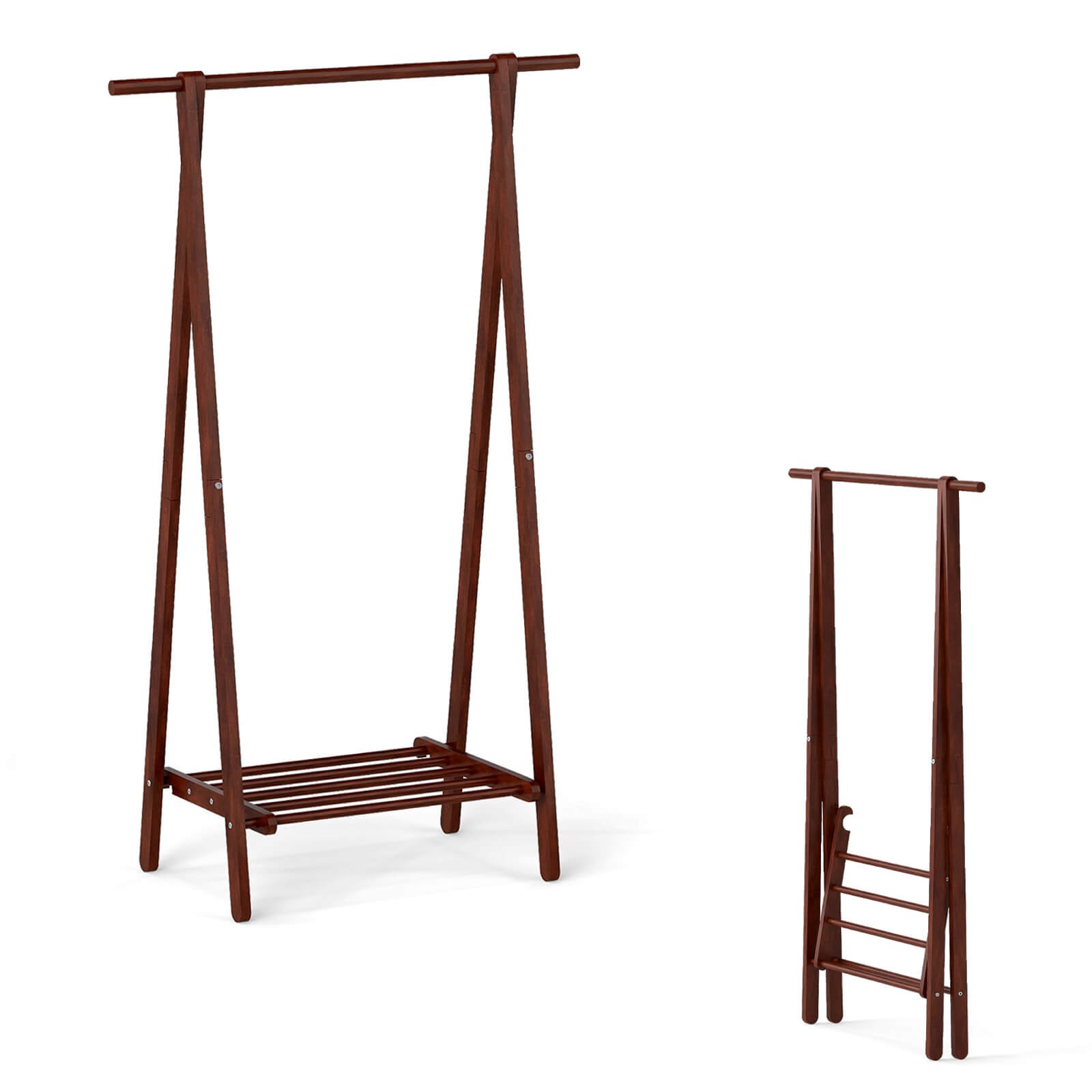 Folding Rubber Wood Clothes Hanging Rack w/Bottom Storage Shelf for Bedroom