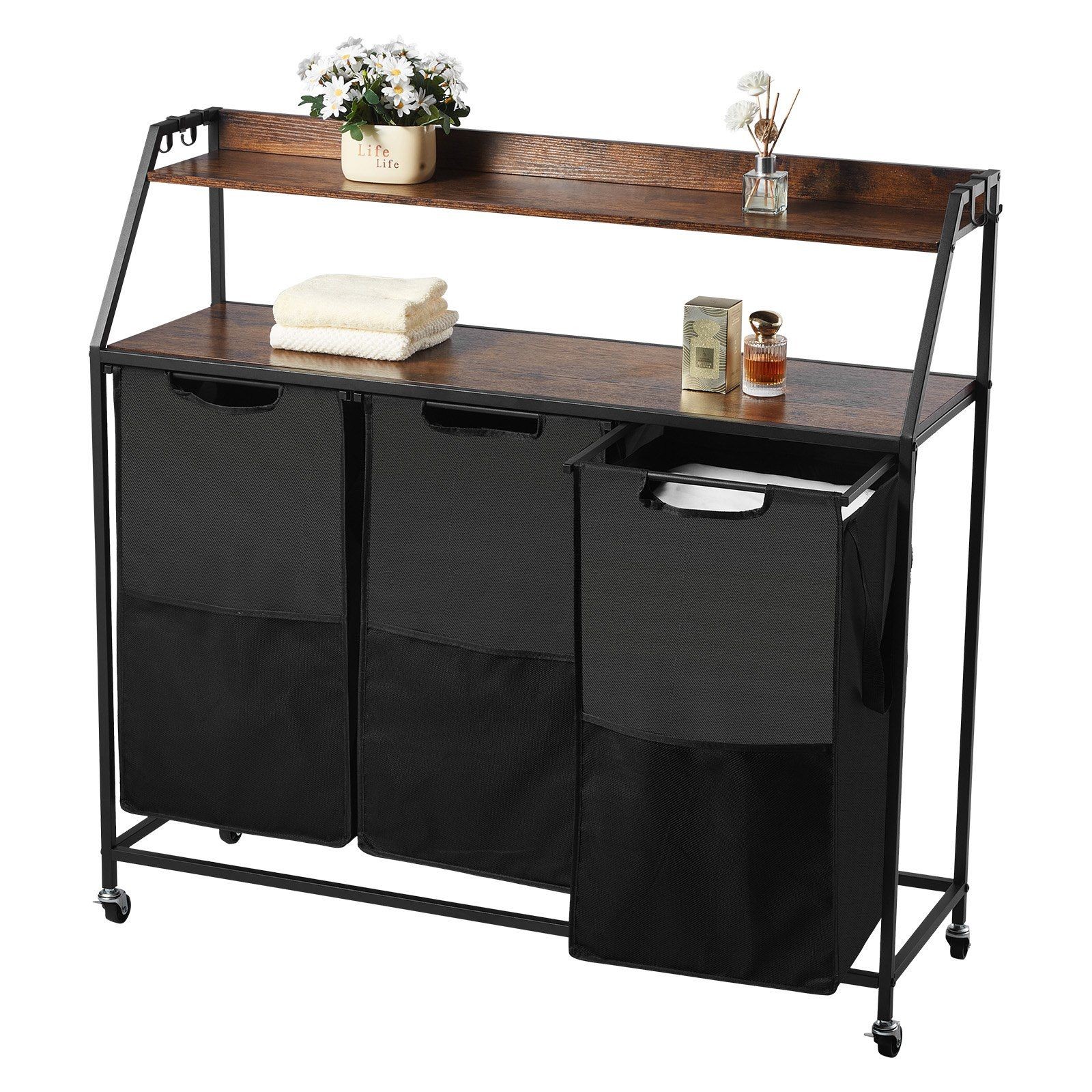 2-Tier 3-Section 600D Oxford Cloth Laundry Sorter with Metal Frame & Wooden Top