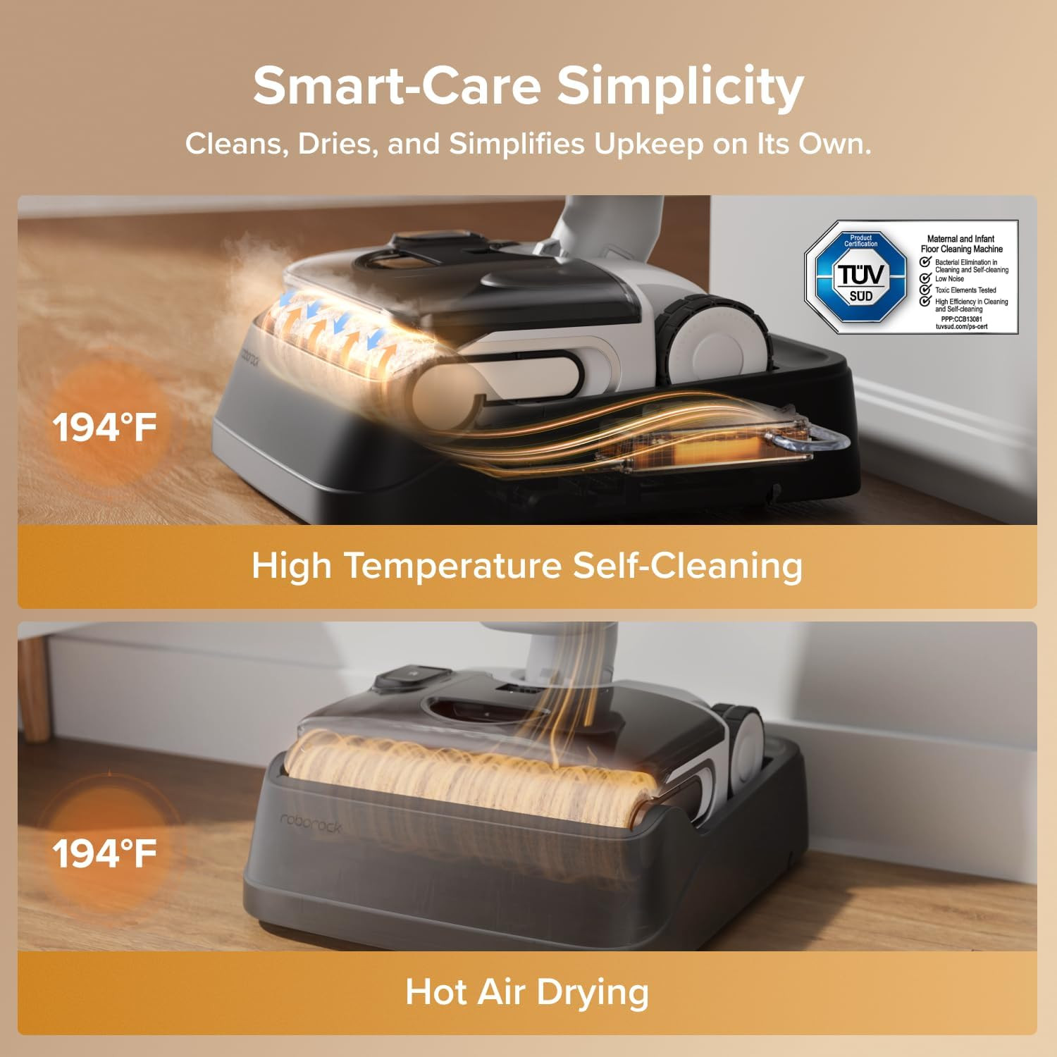 Cordless Wet Dry Vacuum Mop 20000Pa Self Cleaning 180° Lie Flat Floor Cleaner