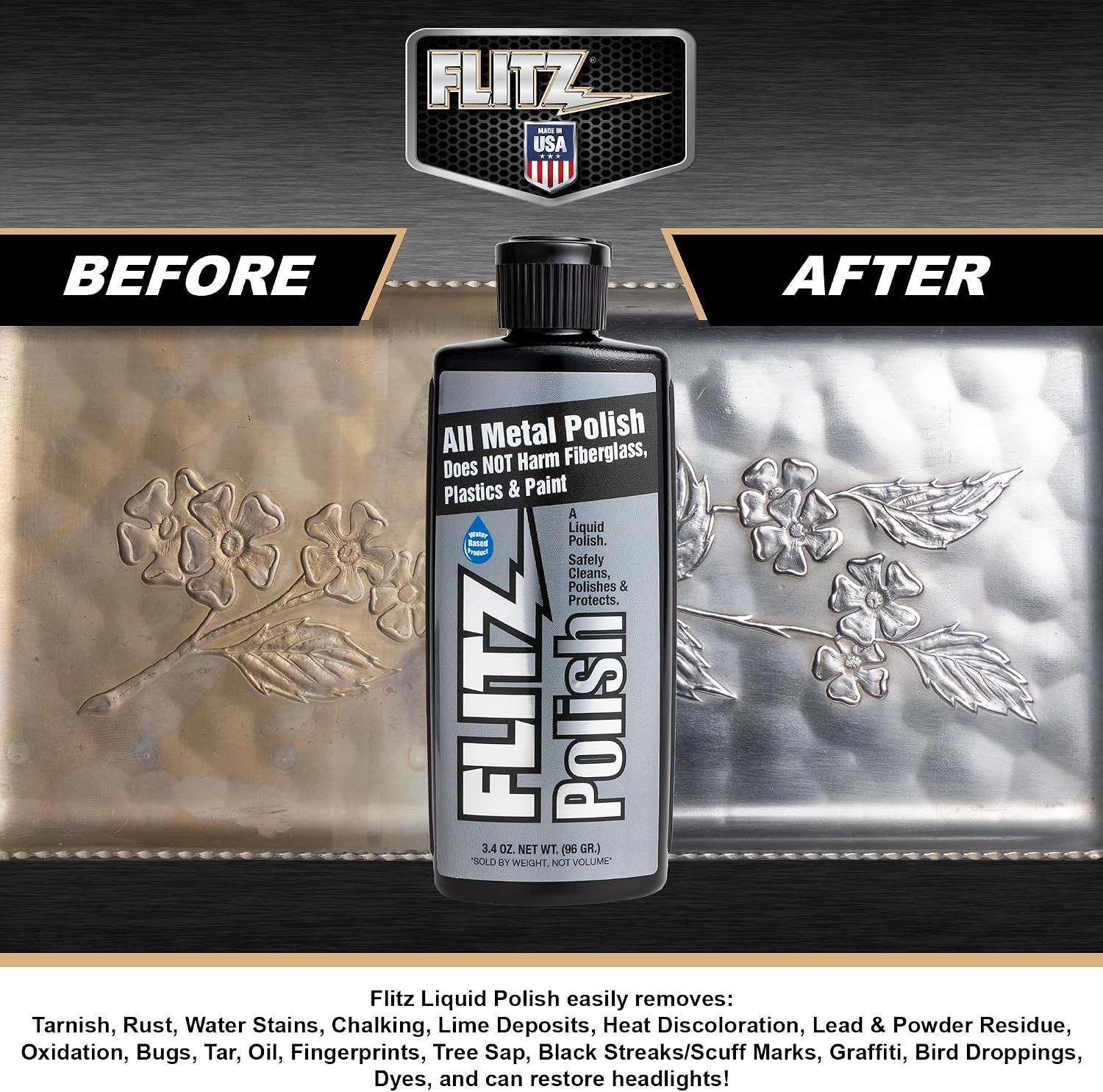 Flitz Multi Purpose Metal Polish Liquid 3.4oz Bottle of USA-Made Tarnish Remover