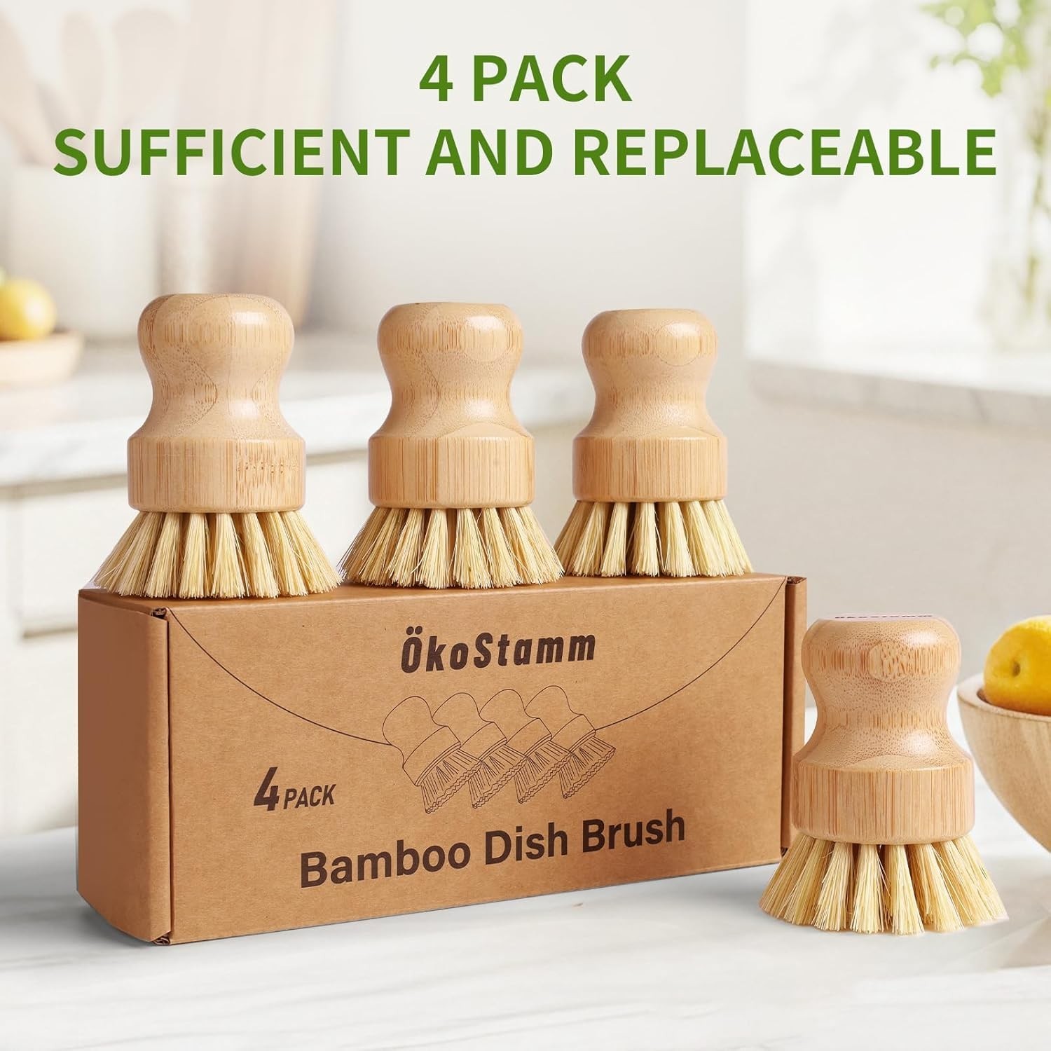 4 Pack Bamboo Dish Brush, Dish Scrubber Brush with Sisal Bristle, Natural Scr…