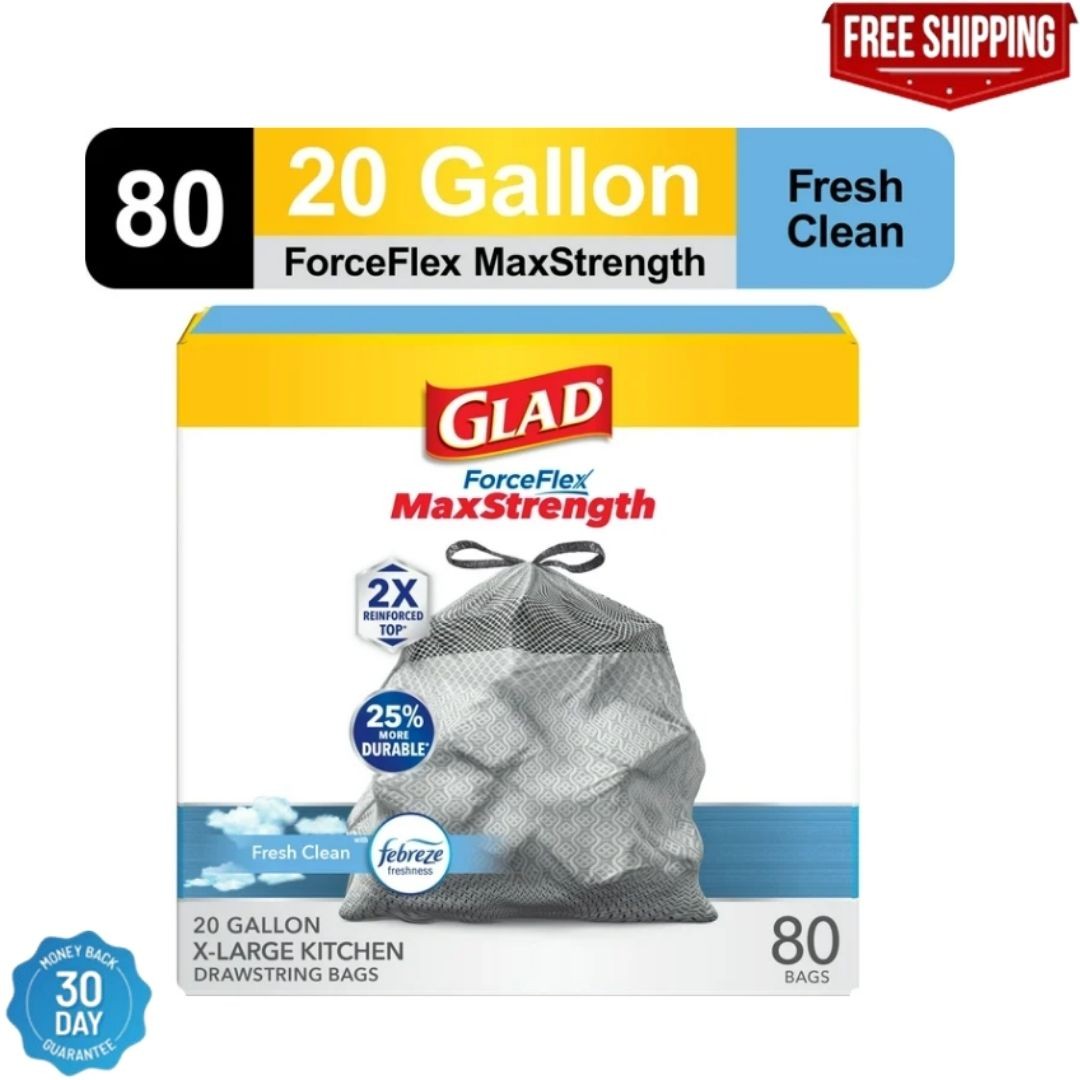 Glad XL X-Large Kitchen Plastic Drawstring Trash Bags 20 Gal Grey Trash Bag
