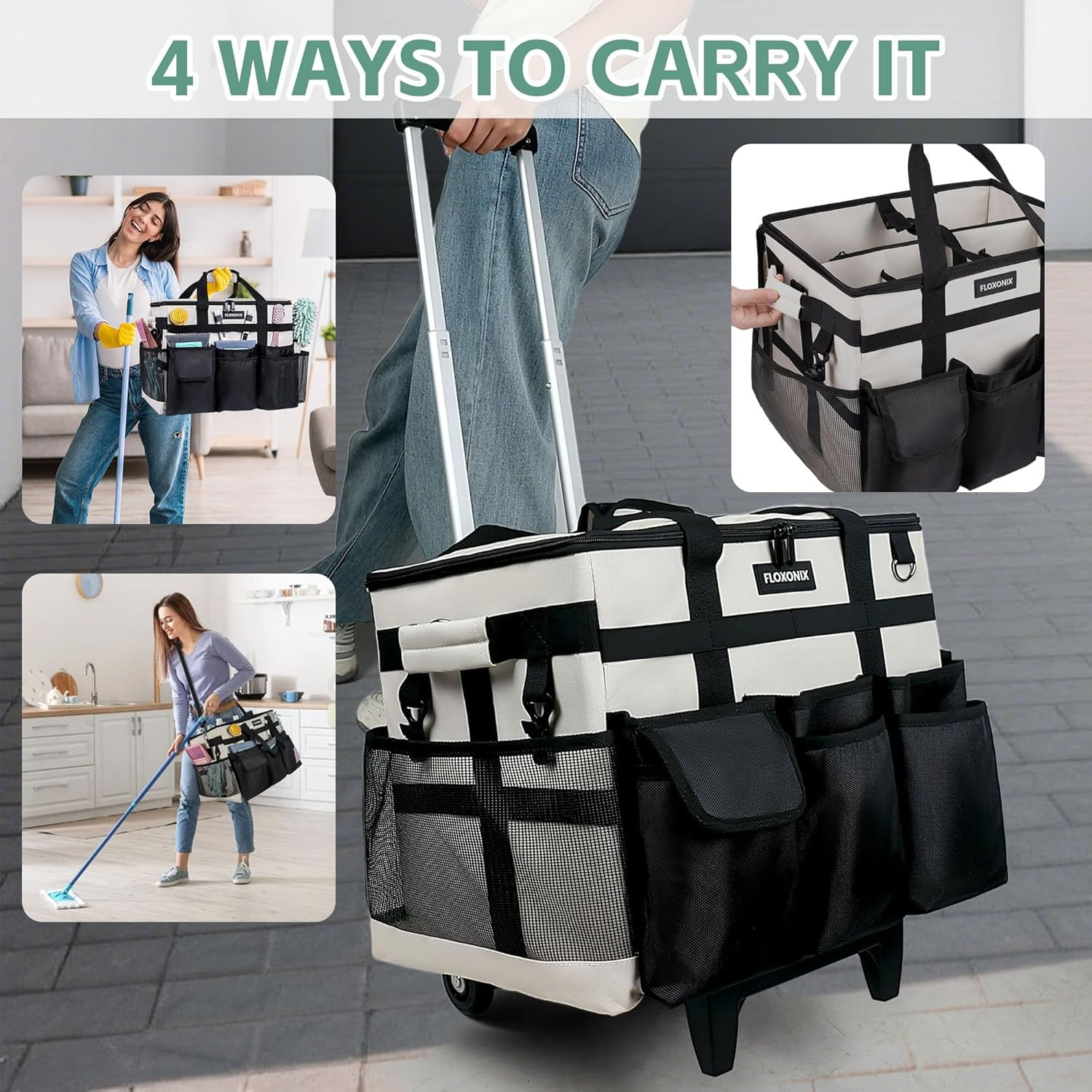 Large Rolling Cleaning Caddy Bag with Wheels, with Detachable Trolley, Cleaning