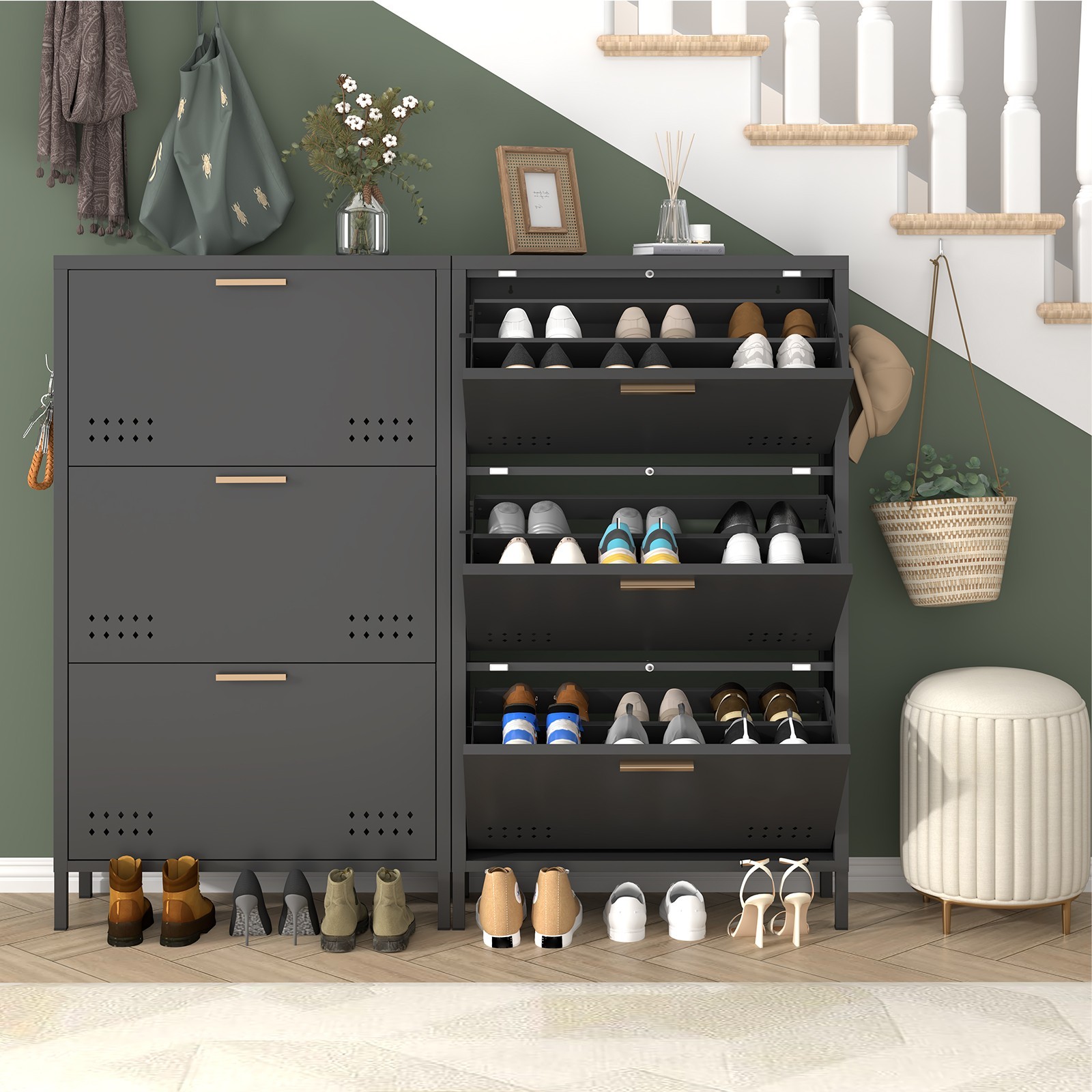 Shoe Cabinet with 3 Flip Drawers, Hidden Metal Shoe Cabinet for Entryway Hallway