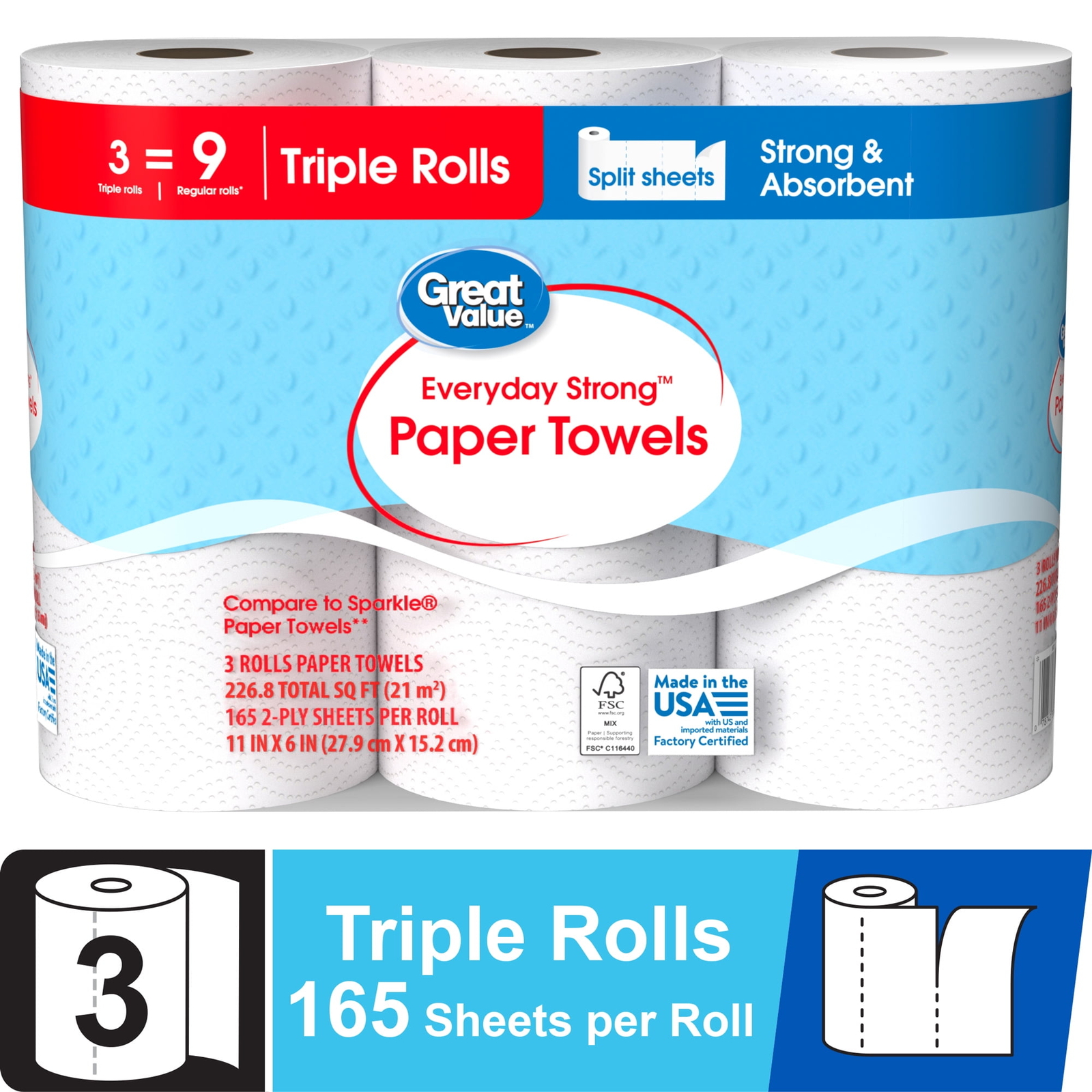 Everyday Strong Paper Towels, Split Sheets,3 Triple Rolls, Compare to Sparkle®