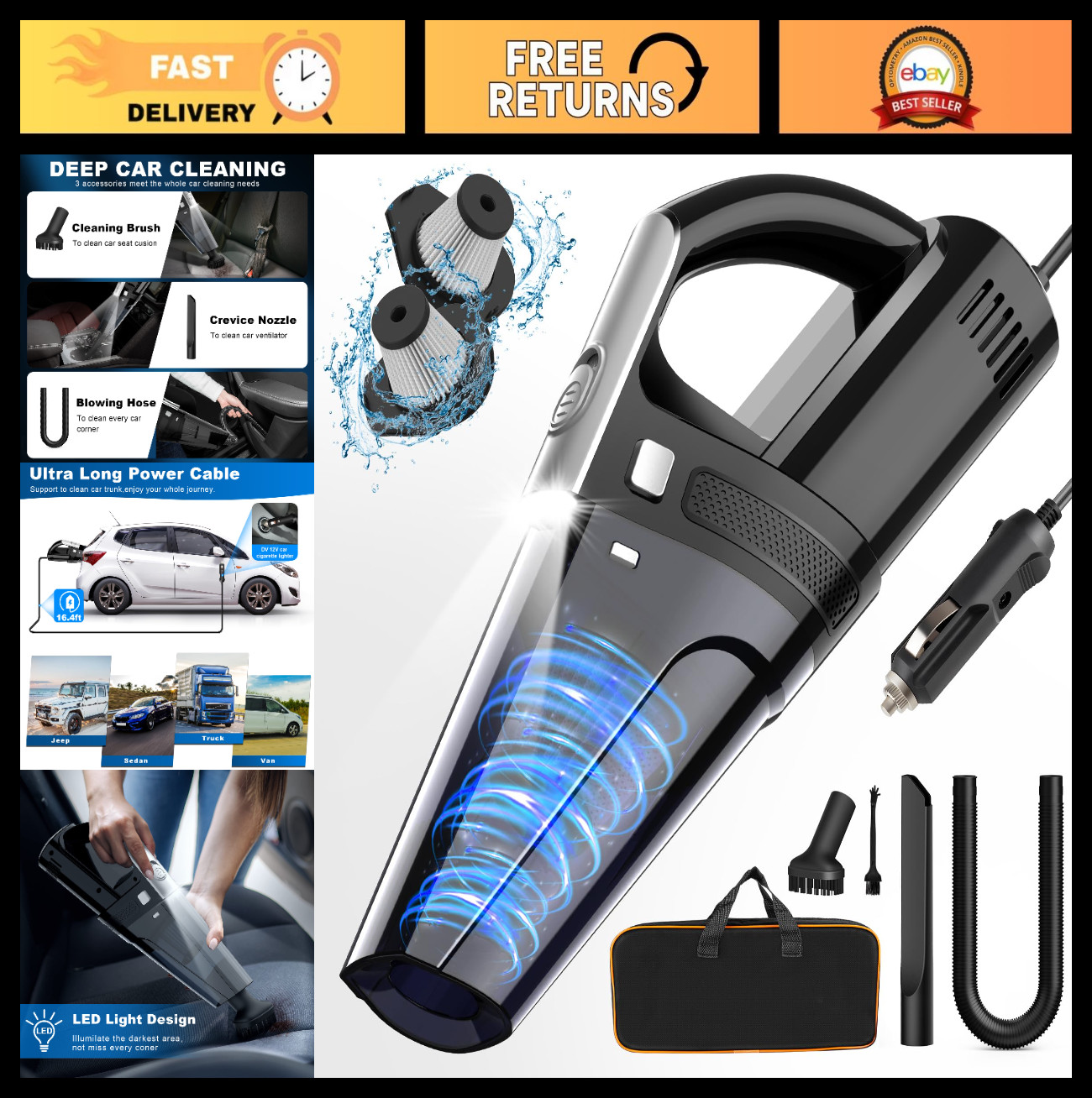 Portable Car Vacuum Cleaner 7000PA Suction, 16.4ft Cord, LED Light, Lightweight,