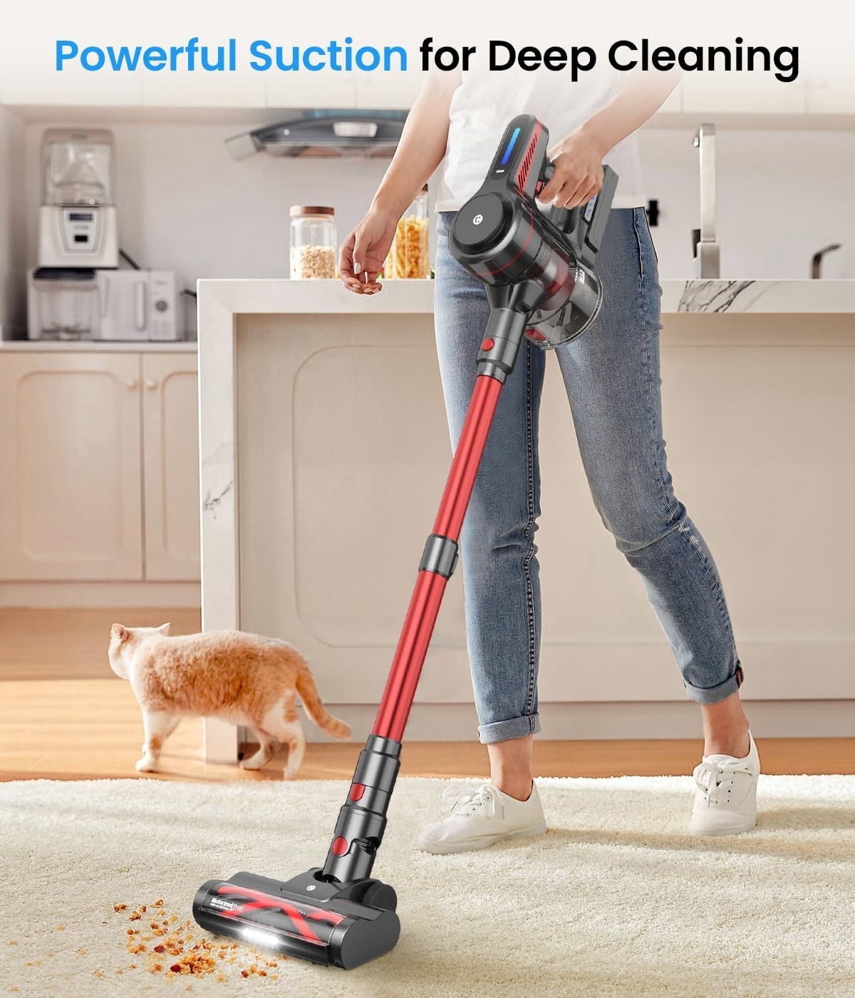CHEBIO Cordless Vacuum Cleaner, Stick Vacuum with Powerful Suction, 45Mins Ru