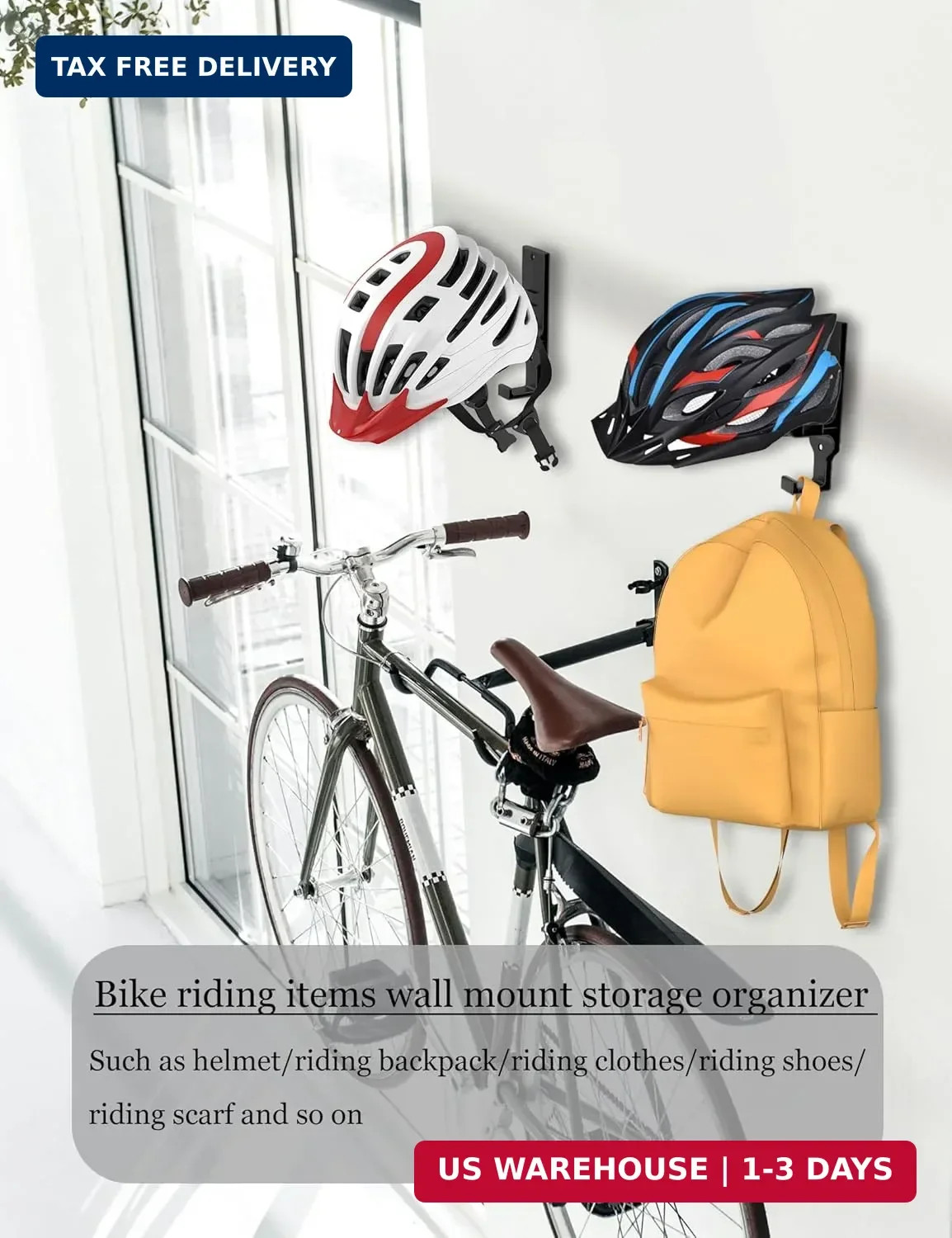Universal Helmet Wall Mount Organizer, Black, 2 Pack | Helmet Rack for Display,