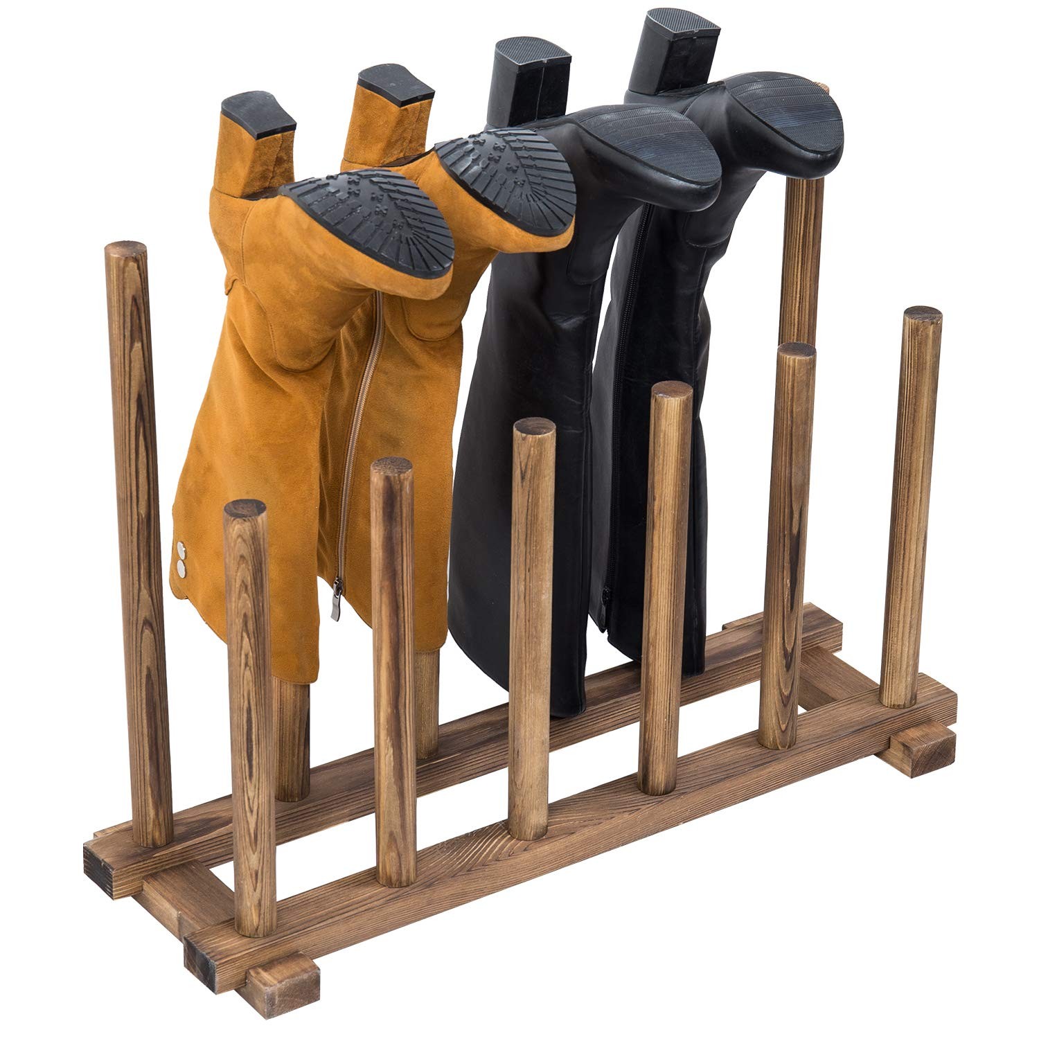 MyGift Rustic Burnt Brown Solid Wood Floor Standing Boot Holder Rack