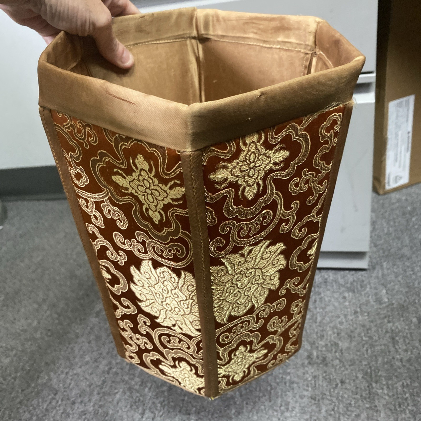 VTG Chinese Silk Brocade Hexagonal Waste paper Trash Basket Mcm 11.5x9x8″