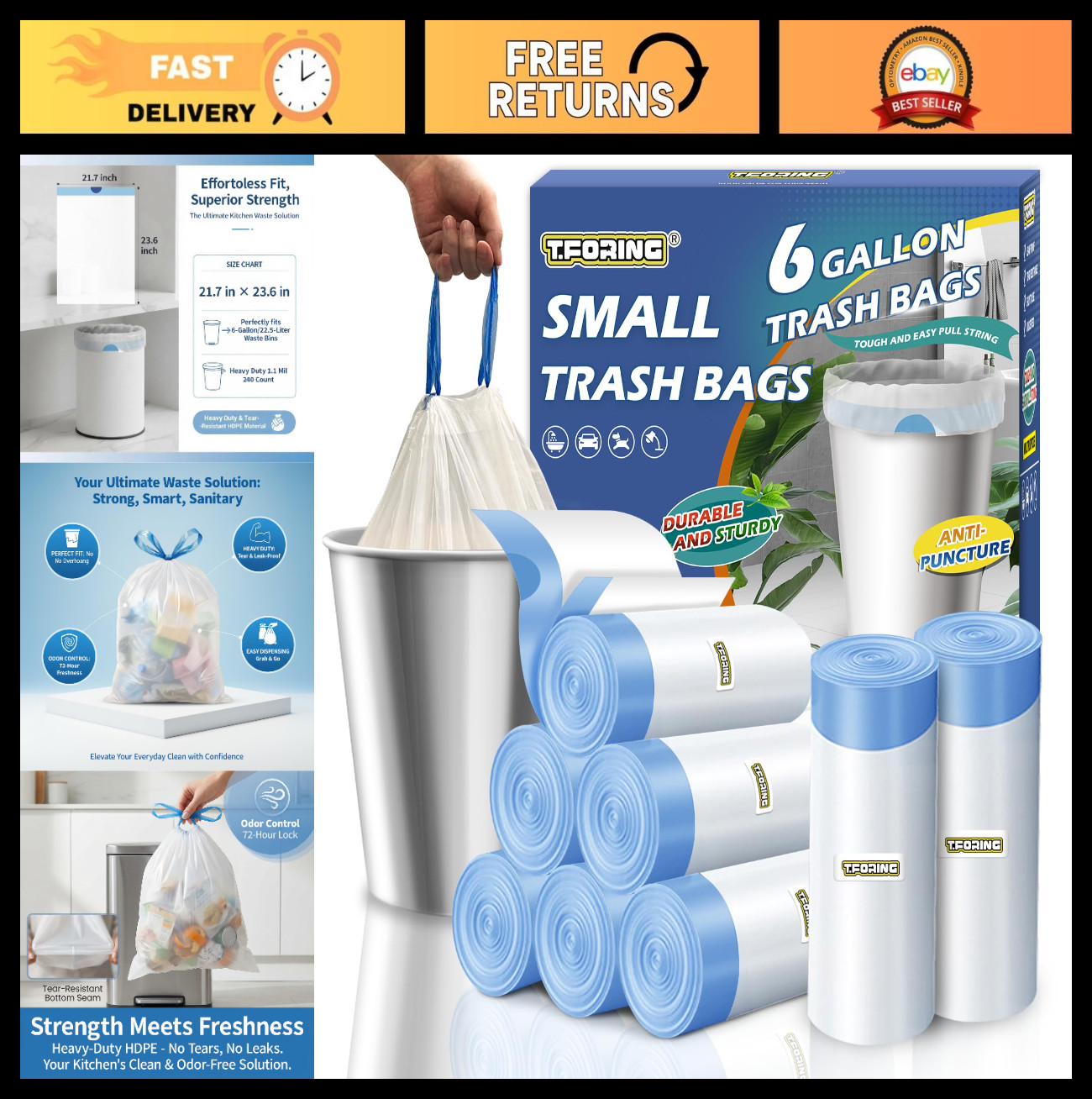 Medium 6 Gallon Drawstring Trash Bags, 1.1 Mil, Unscented, 240 Count – Durable W