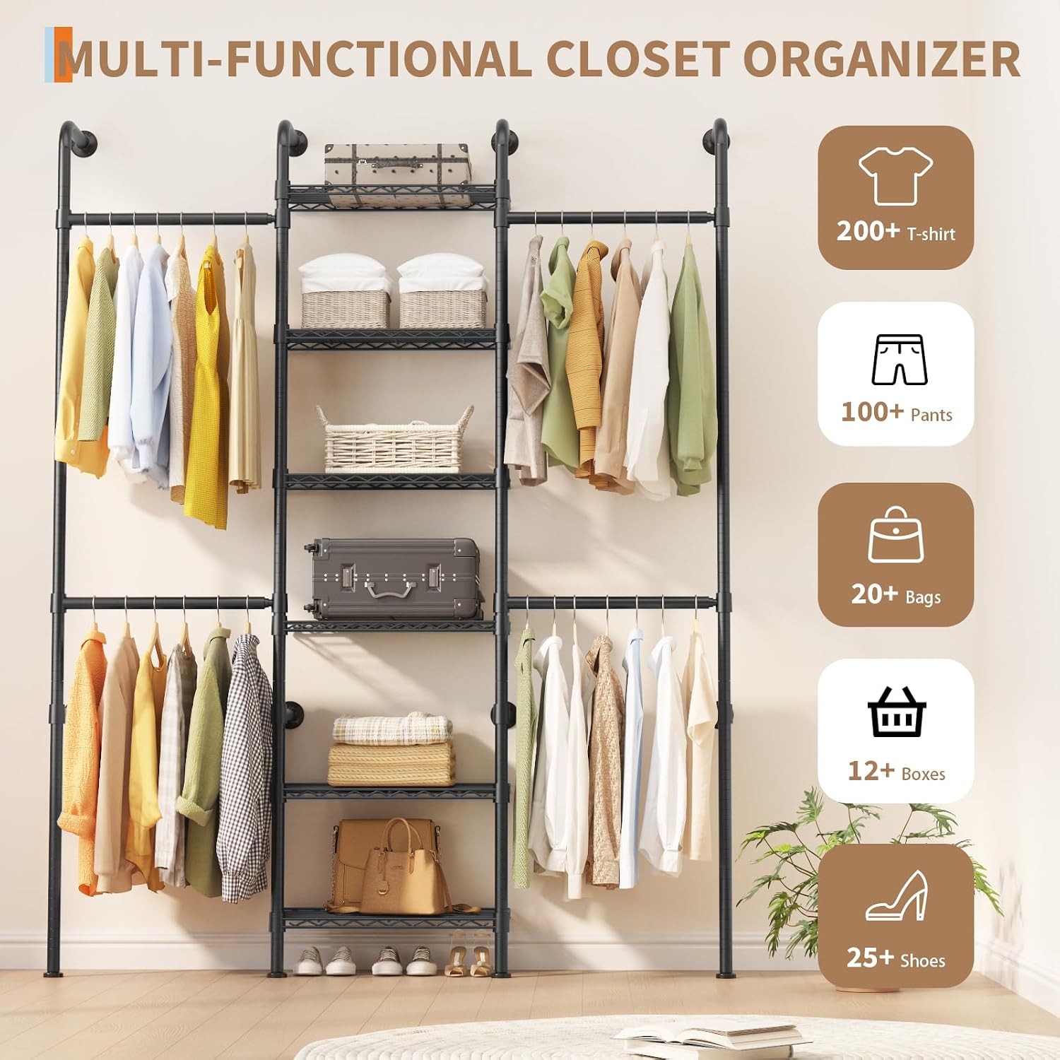 Wall Mounted Garment Rack with 4 Hanging Rods for Clothes Storage 6 Wire Shelves