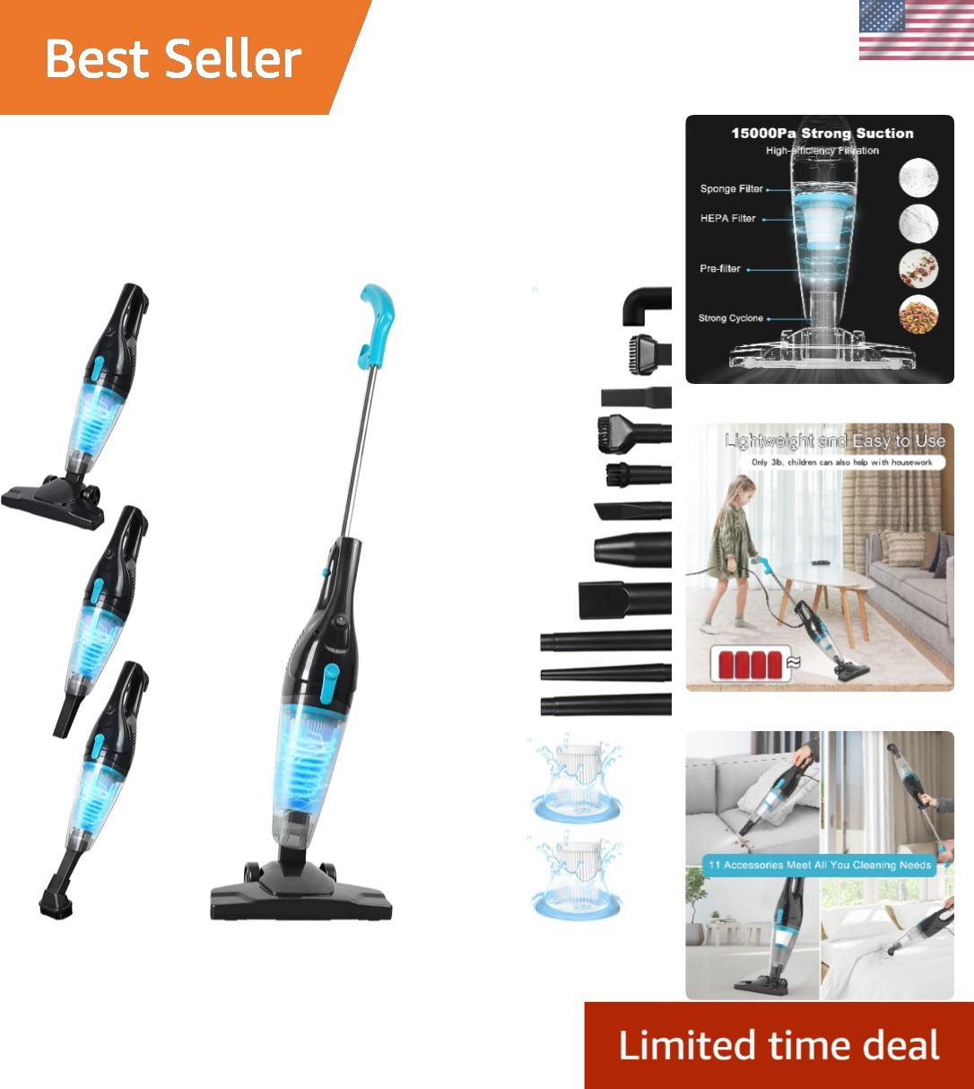 12-in-1 Bagless Vacuum Cleaner with 400W Motor – Ultra Quiet & Effective