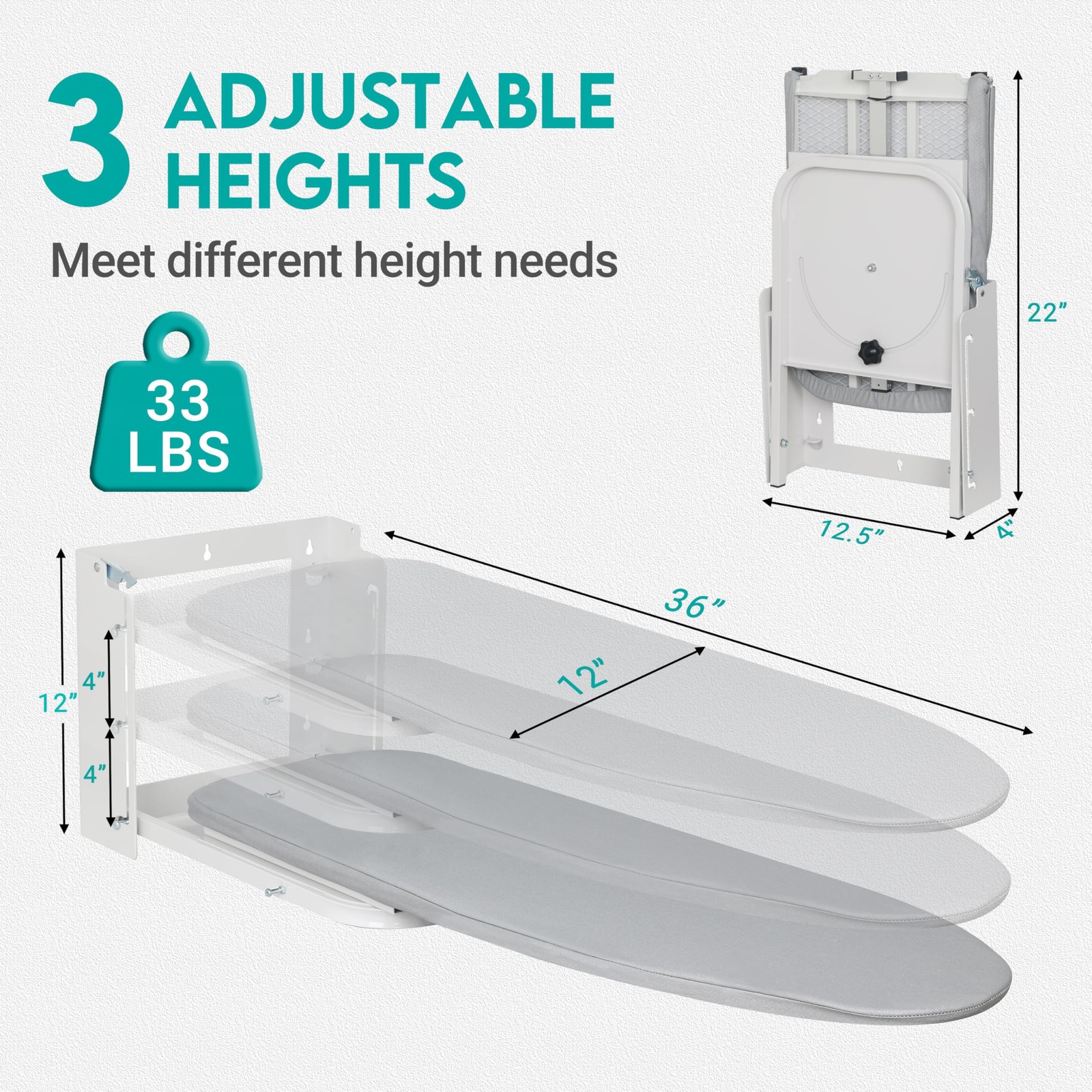 Wall Mounted Ironing Board, 180 Rotation, Space-Saving Fold Down, 36″ X 12″, Sil
