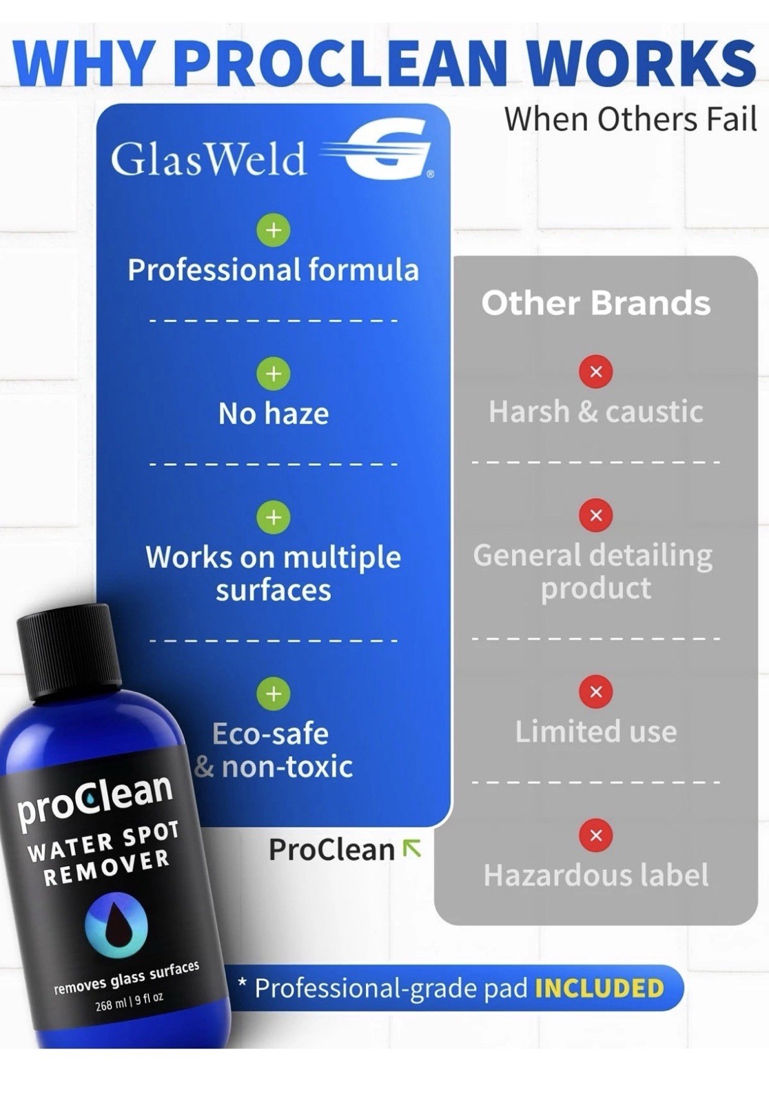 ProClean Hard Water Spot Remover for Glass, Shower Door Cleaner & Car Window