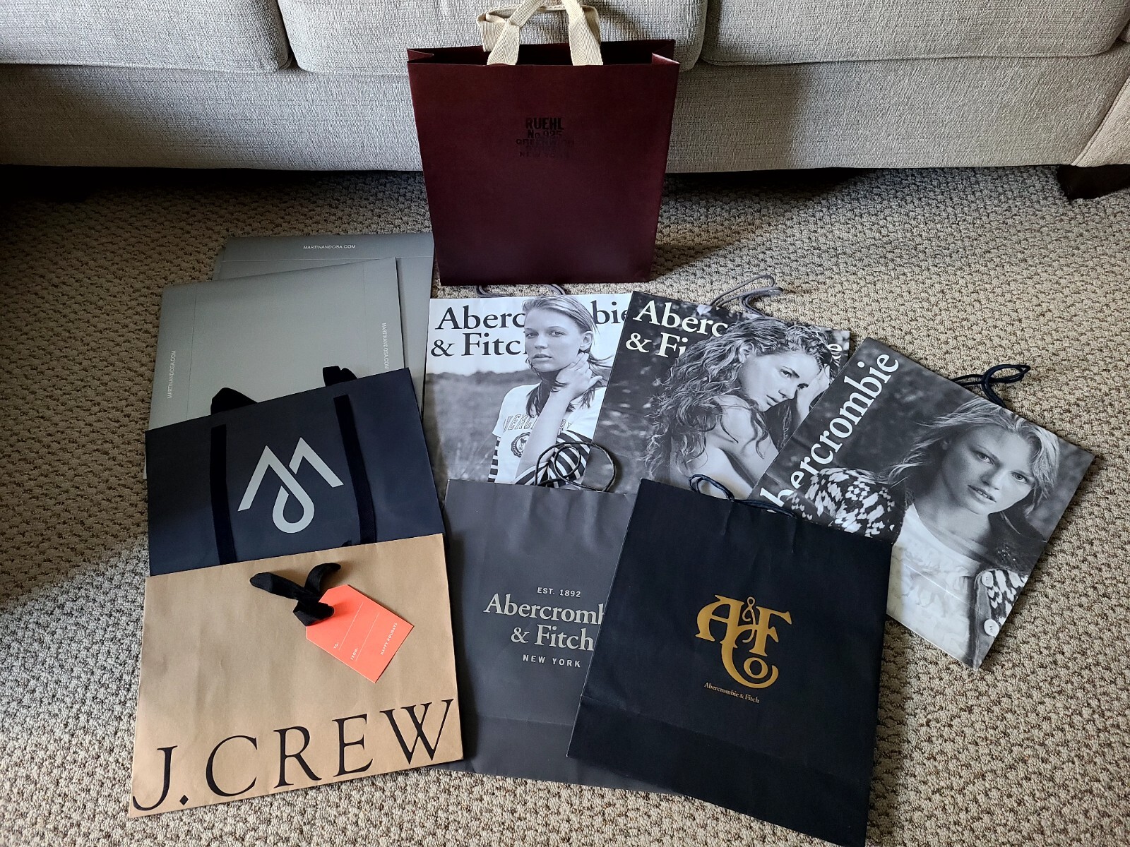 Designer Shopping Bags & Boxes/ Lot of 10/ABERCROMBIE, RHUEL, MARTIN +OSA JCREW