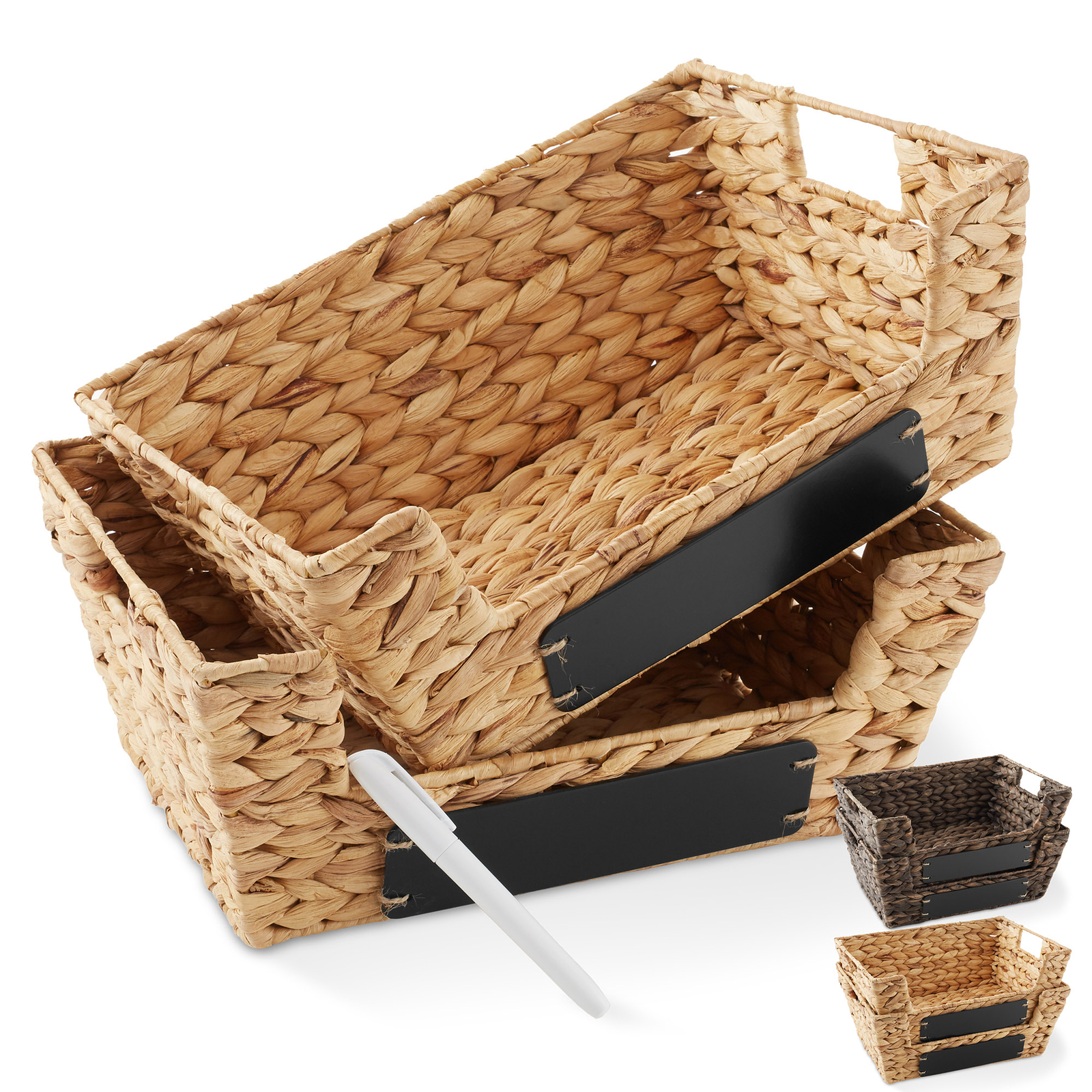 2pk Wide Pantry Baskets, Hyacinth Wicker Kitchen Storage Bins for Shelves
