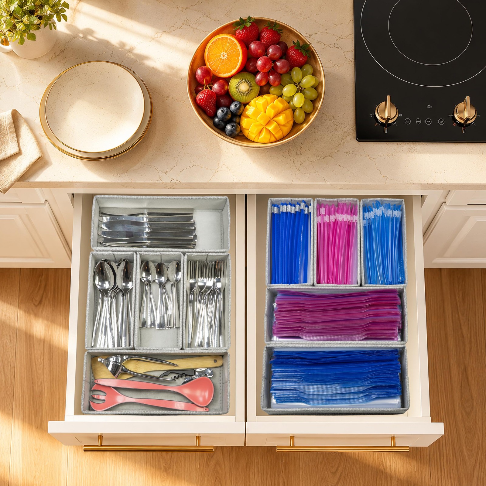 Dolsolux Drawer Organizer, 5-Piece Rigid Fabric Bins for Kitchen Gray