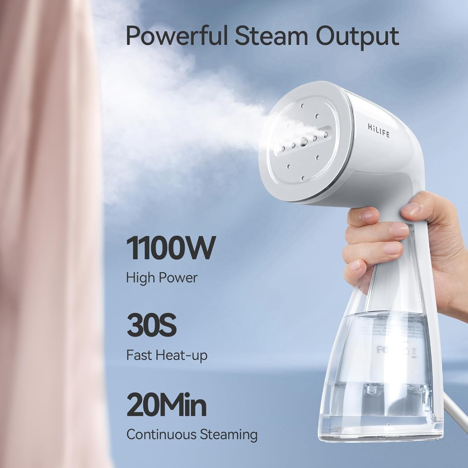Handheld Clothes Steamer Large 300ml Tank, 1100W Strong Power, 30sec heatup