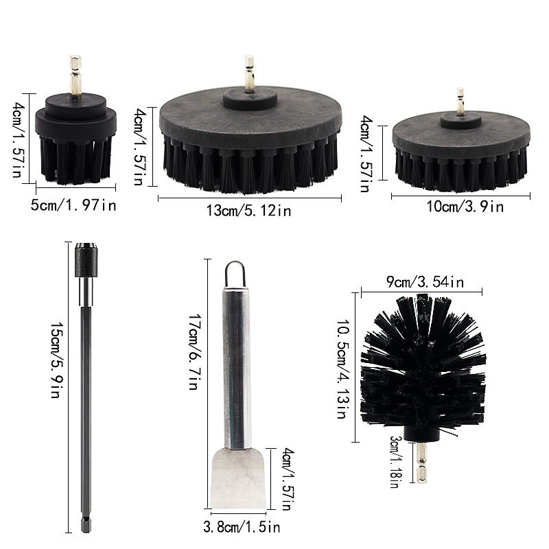 Drill Brush Power Scrubber- 6 Piece Black Drill brush Ultra Stiff, Heavy Duty