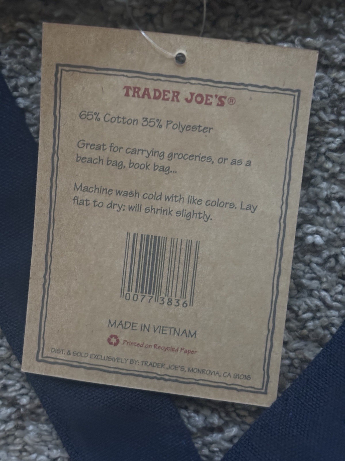 Trader Joe’s Foldable Reusable Shopping Bag Cotton Polyester White Navy Blue