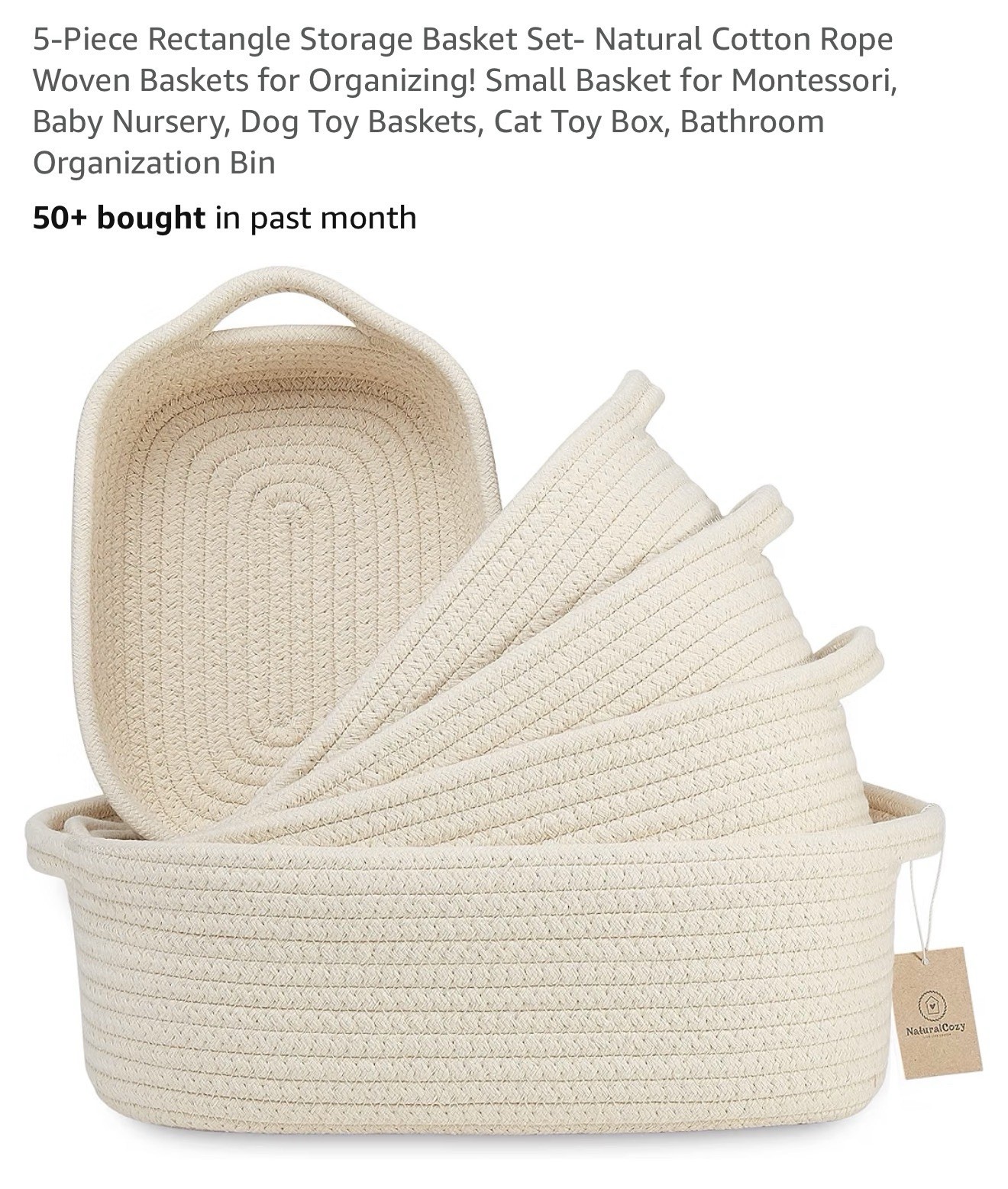 5-Piece Rectangle Storage Basket Set- Natural Cotton Rope Woven Baskets