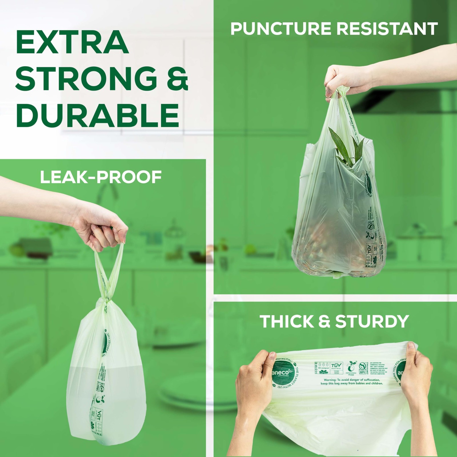 ANECO 100% Compostable Food Waste Bags 2.6 Gallon With Handles, 45 Count