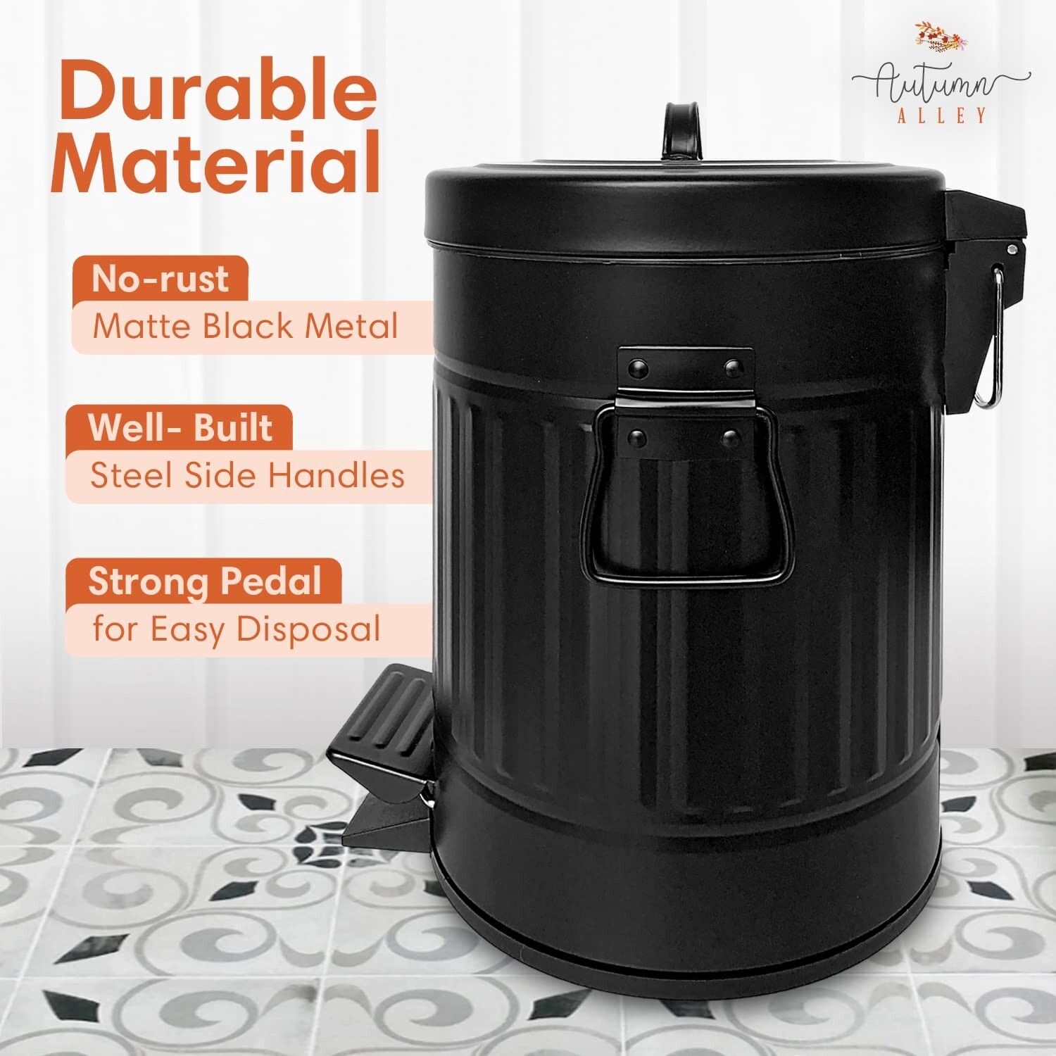 Autumn Alley Black Metal Pedal Waste Bin | 5L, 1.3 Gallon Trash Can