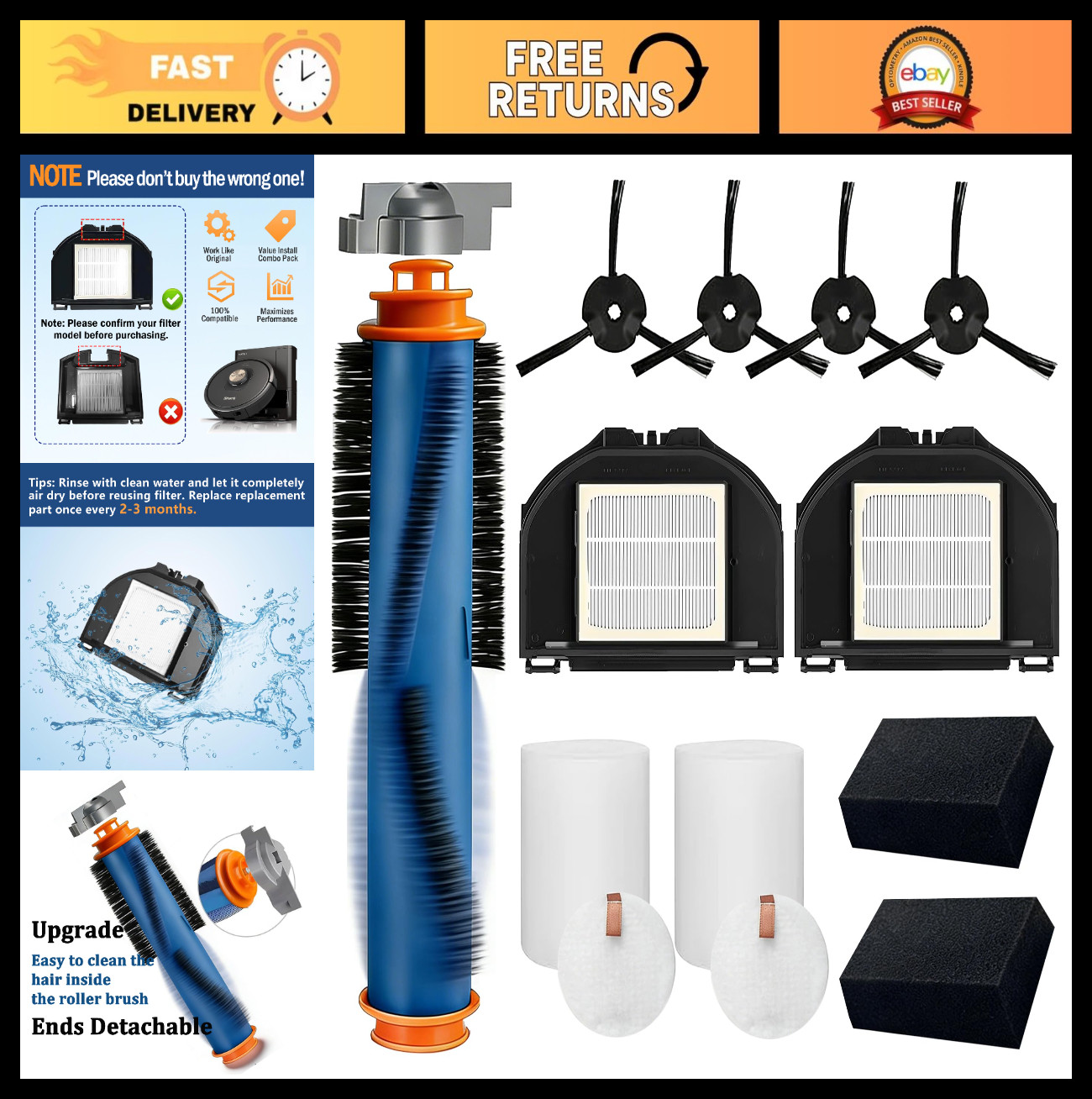 Replacement Parts for Shark RV2300S Robot Vacuum | Main Brush, Foam Filters & Si