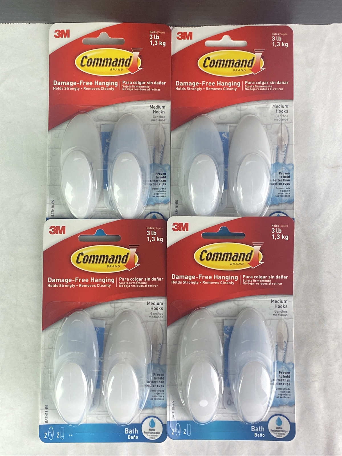 4 PK Command Medium Hooks With Water-Resistant Adhesive Holds 3 lbs