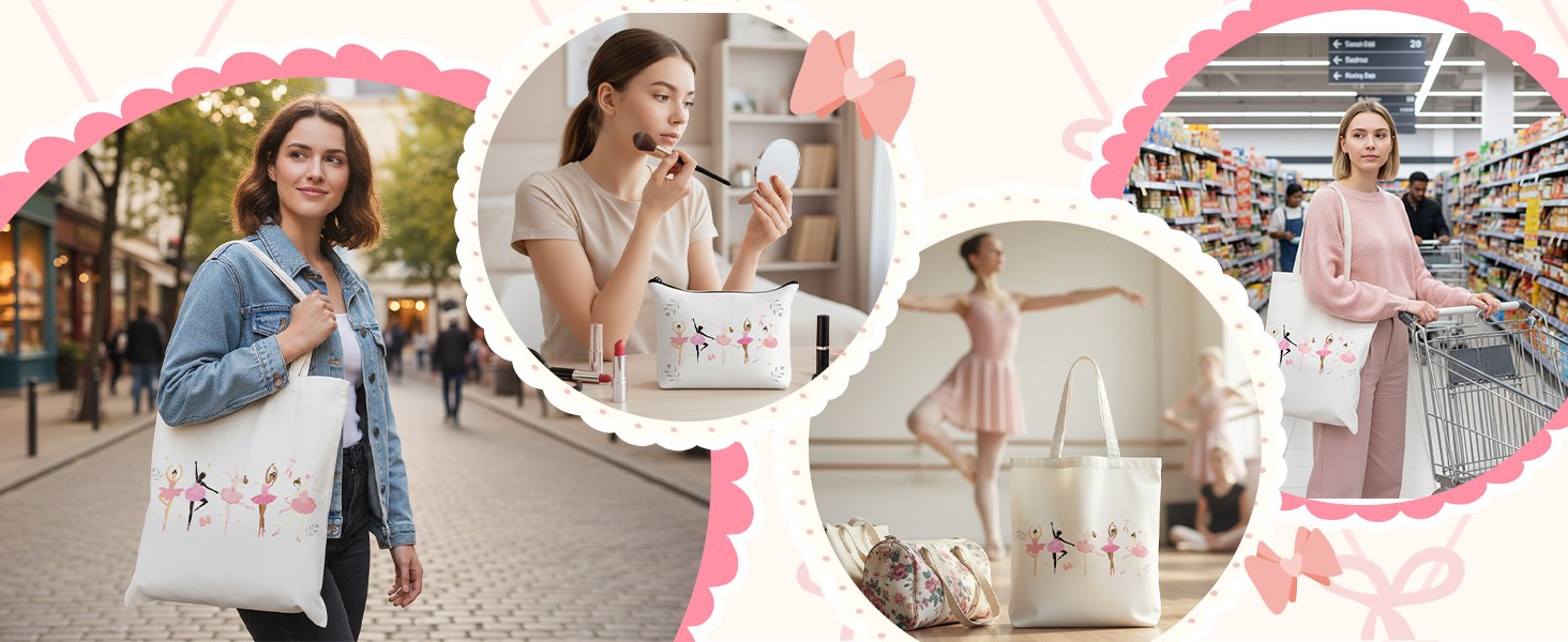 Ballet Canvas Bag Gifts – 2Pcs Ballerina Watercolor Print Canvas Tote Bag Makeup
