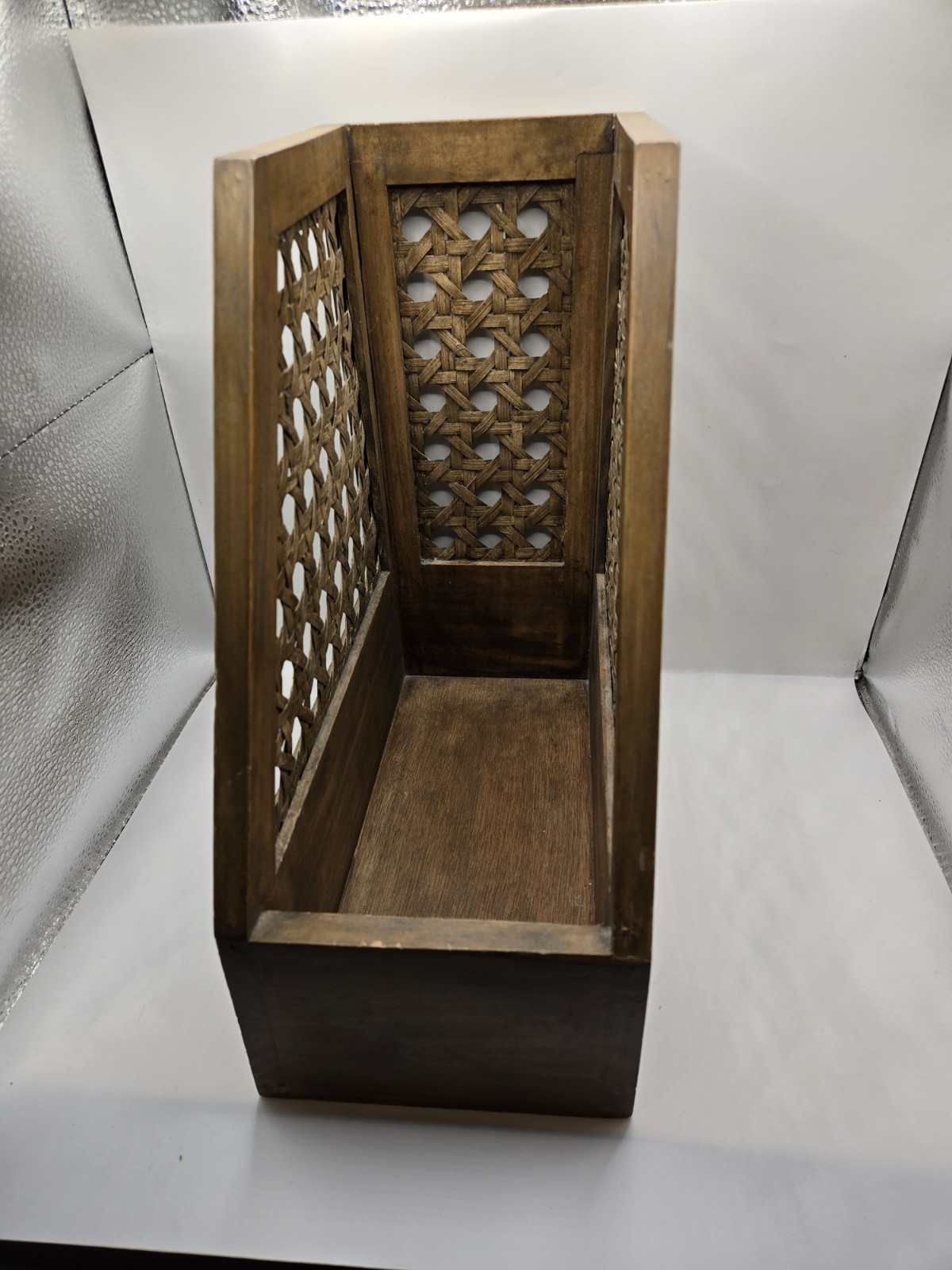 Mid-Century Teak Wood Desktop File Organizer | Geometric Cutout Magazine Rack |