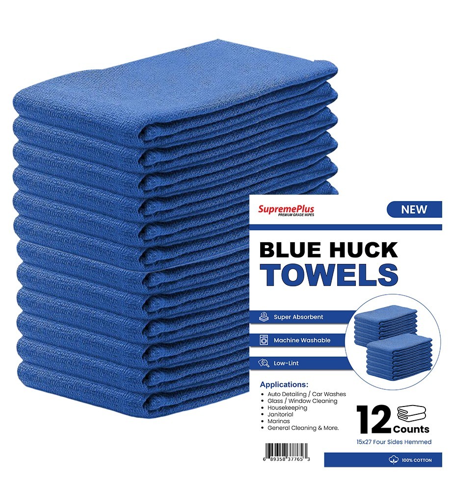 Premium Blue Huck Towels 15 x 27 ” – Absorbent Wiping & Reusable Cleaning Cloths