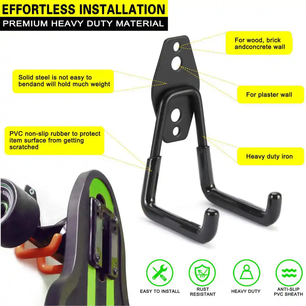 8 Pack 2.75 In. Black Steel Heavy Duty Garage Hooks Wall Rack with Non-Slip PVC