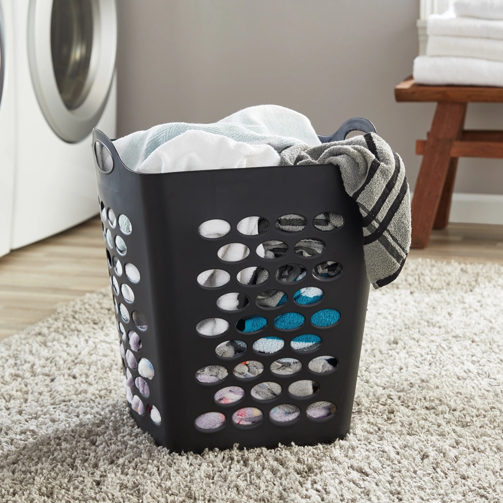 Mainstays Flex Square Laundry Hamper, Black, Adult.