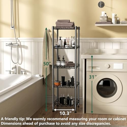 5 Tier Standing Shelving Metal Units, 11.8D x 11.8W x 50.0H (5Tier) Black