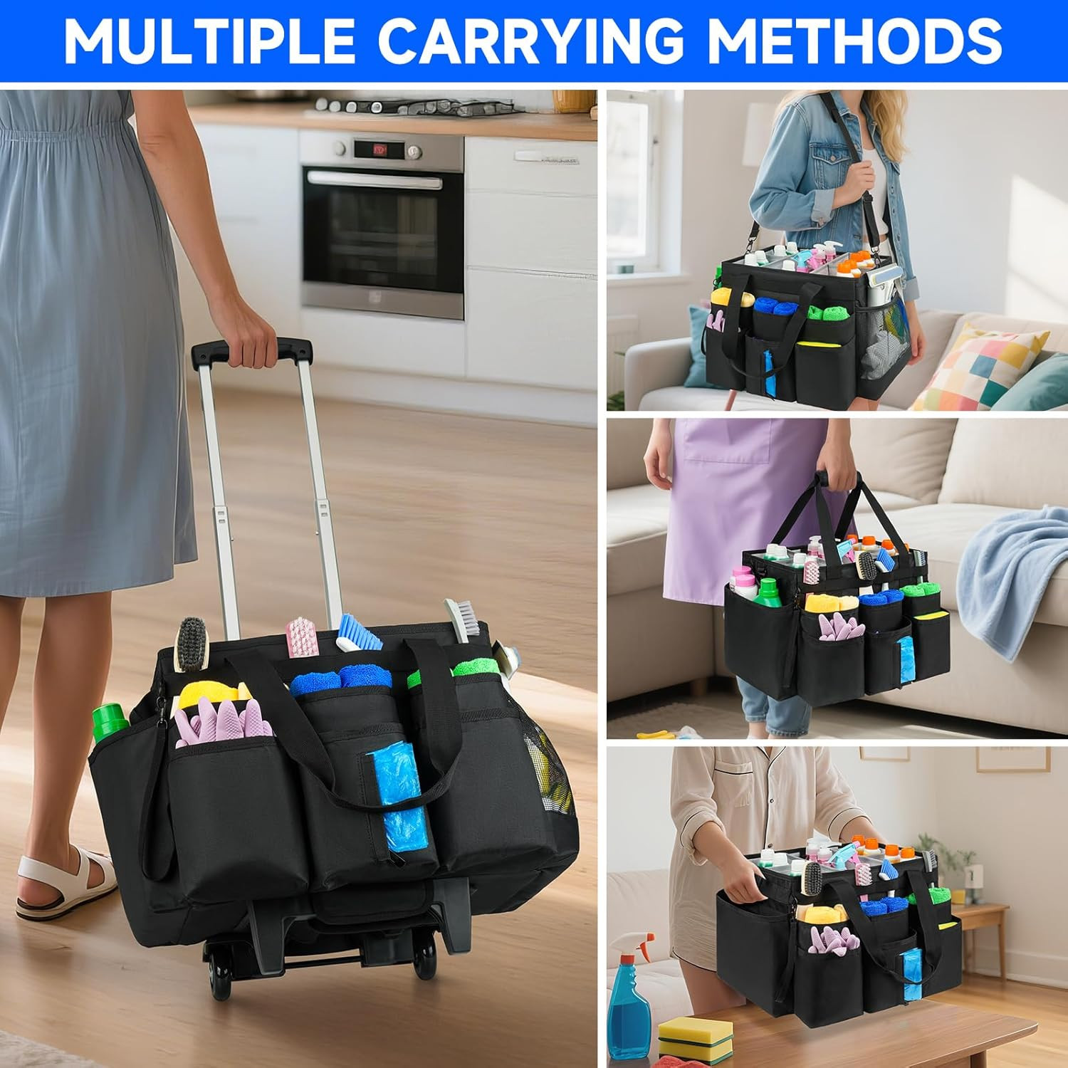 Large Rolling Cleaning Caddy Bag with Detachable Trolley,Cleaning Cart on Wheels