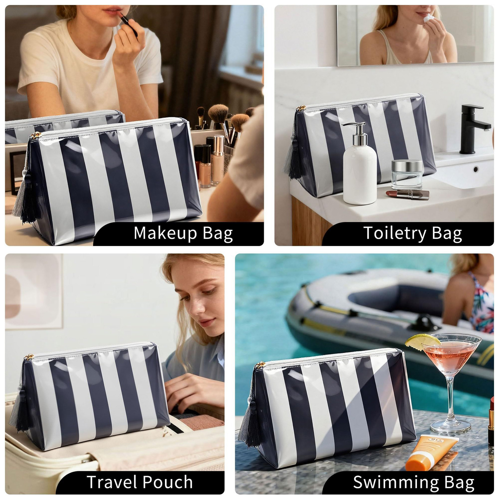 Fozira Makeup Bag for Purse, Small(9.84in*4.33in*5.91in), Blue+White Striped